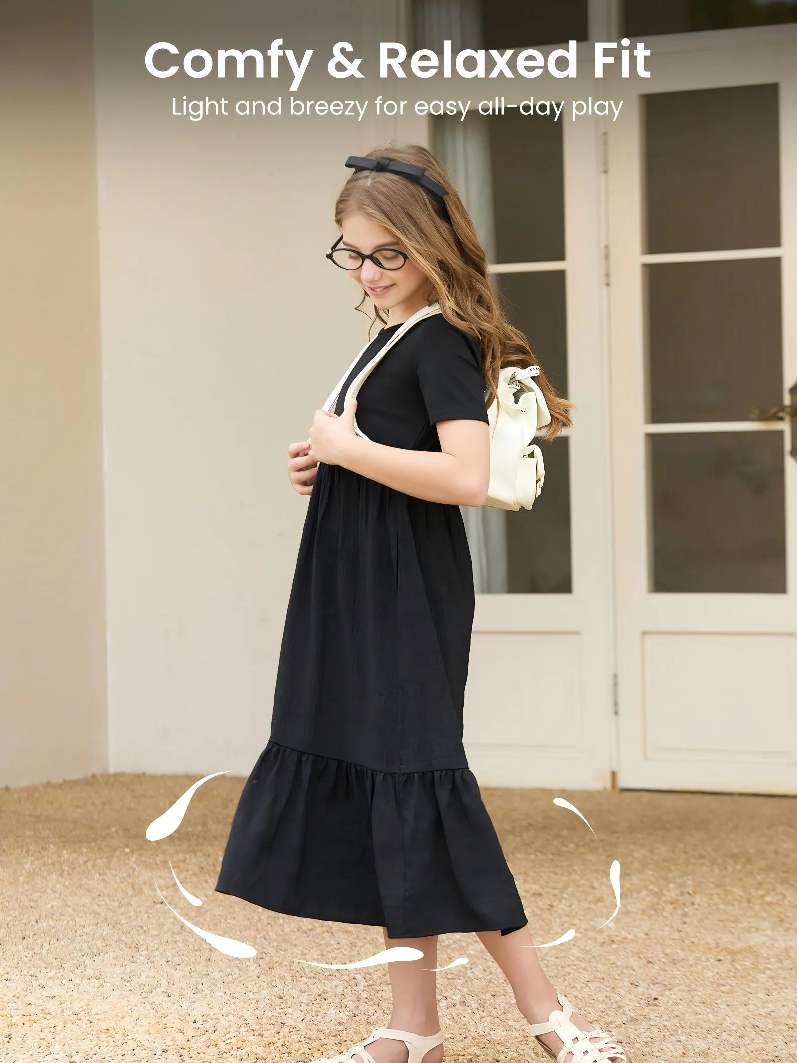 Kid Girl Ruffled Boho Casual Maxi Dress with Pockets Black