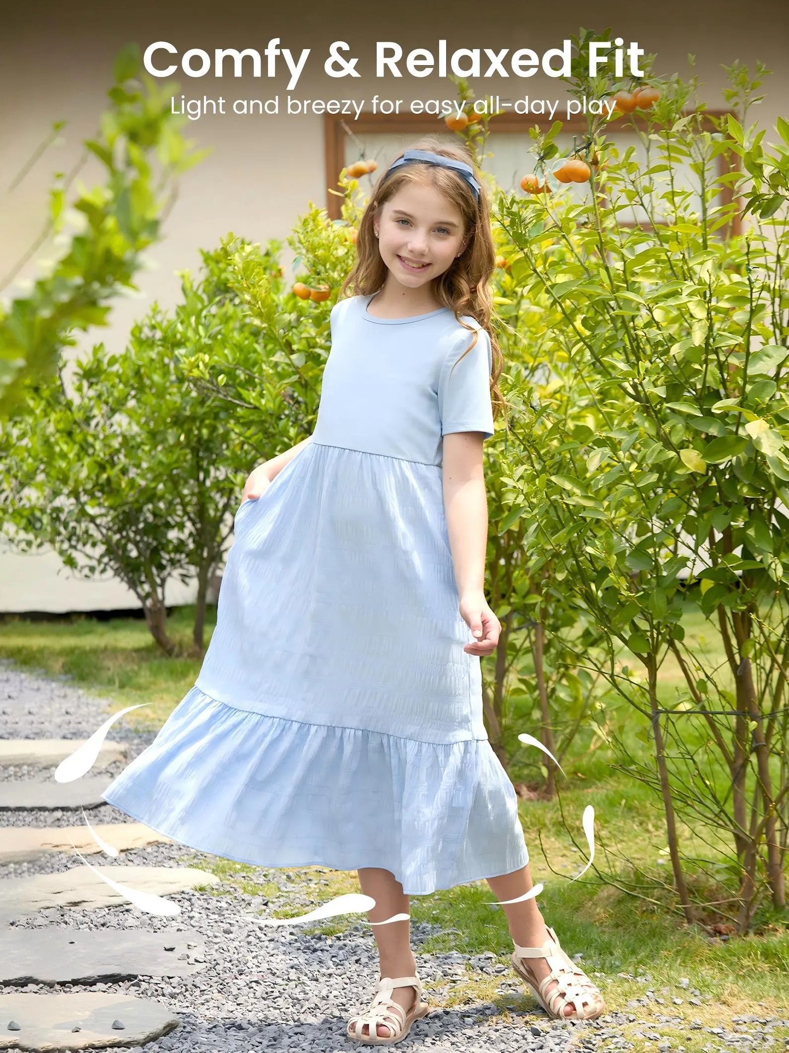 Kid Girl Ruffled Boho Casual Maxi Dress with Pockets Blue