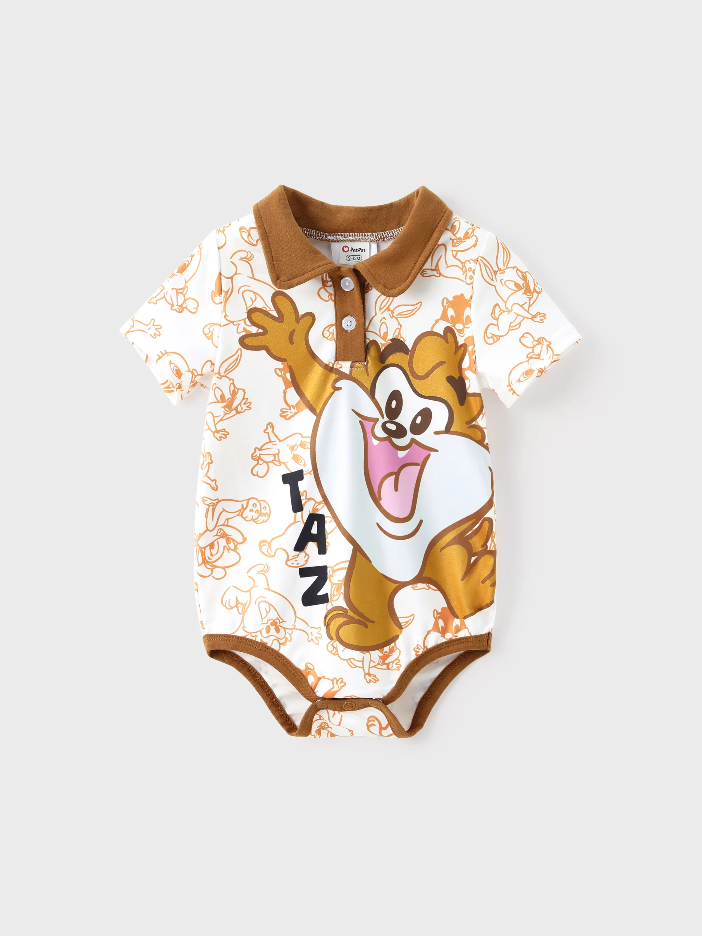Looney Tunes Baby Boy Stitching Print Colorblock Polo Collar Jumpsuit Brown