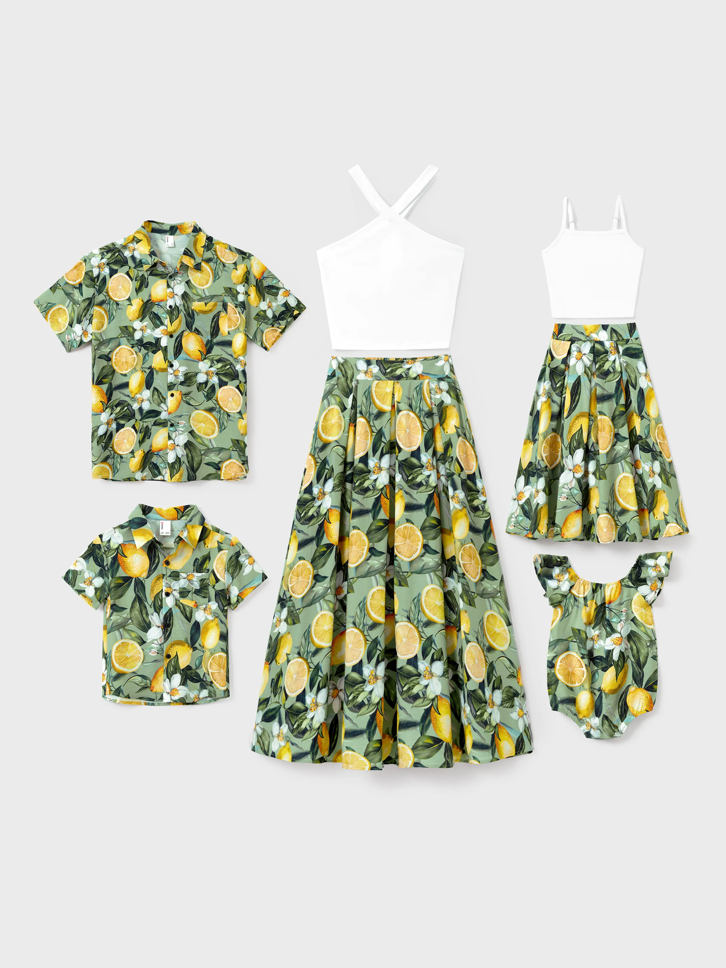 Matching Family Outfits Lemon Print Hawaiian Shirts & Summer Dresses Tropical Vacation Clothes for Men, Women & Kids Green - Image 2