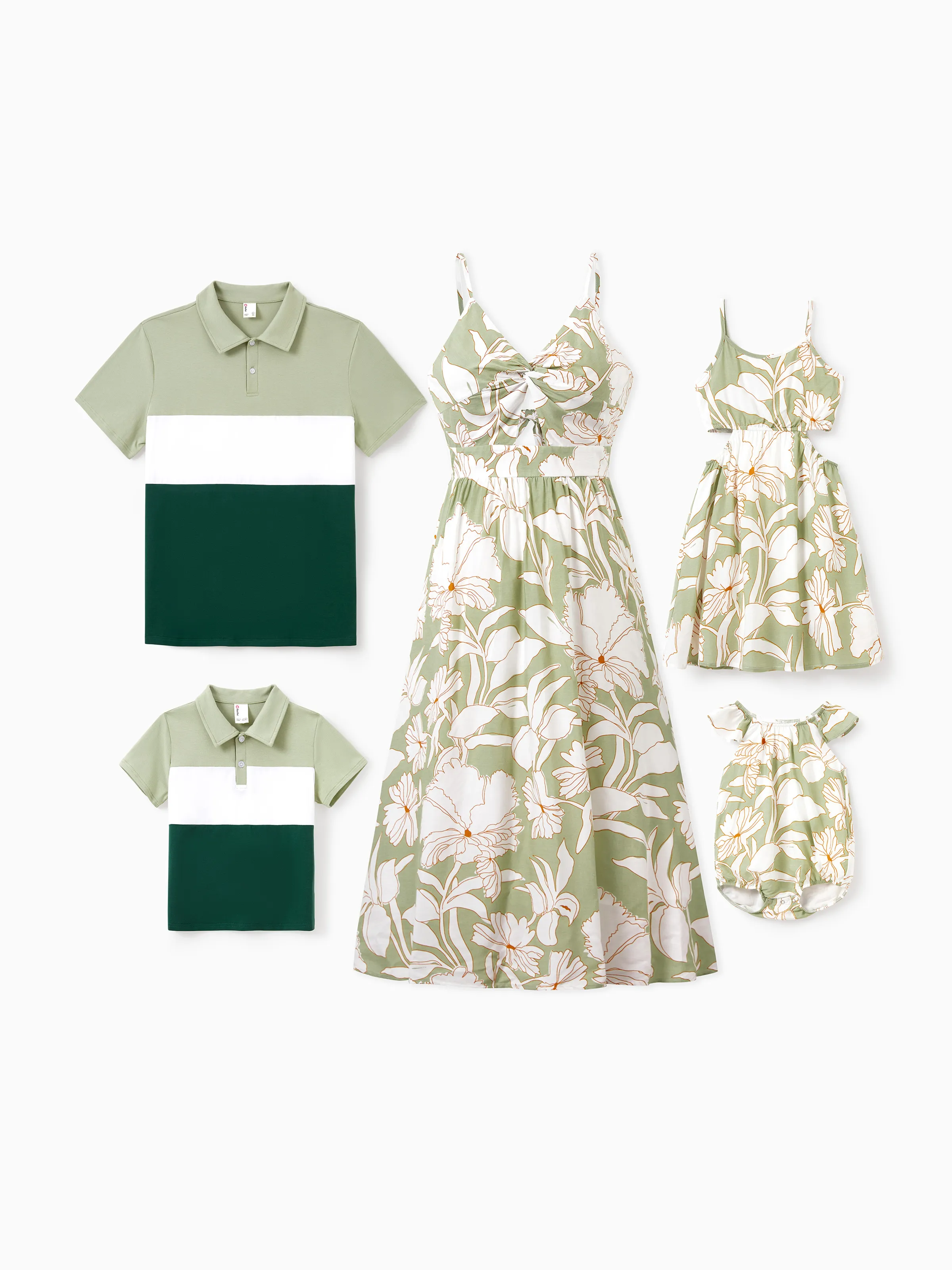 Matching Family Outfits Tropical Floral Print Strap Dress or Short-sleeve Colorblock Shirts Set Pale Green - Image 2