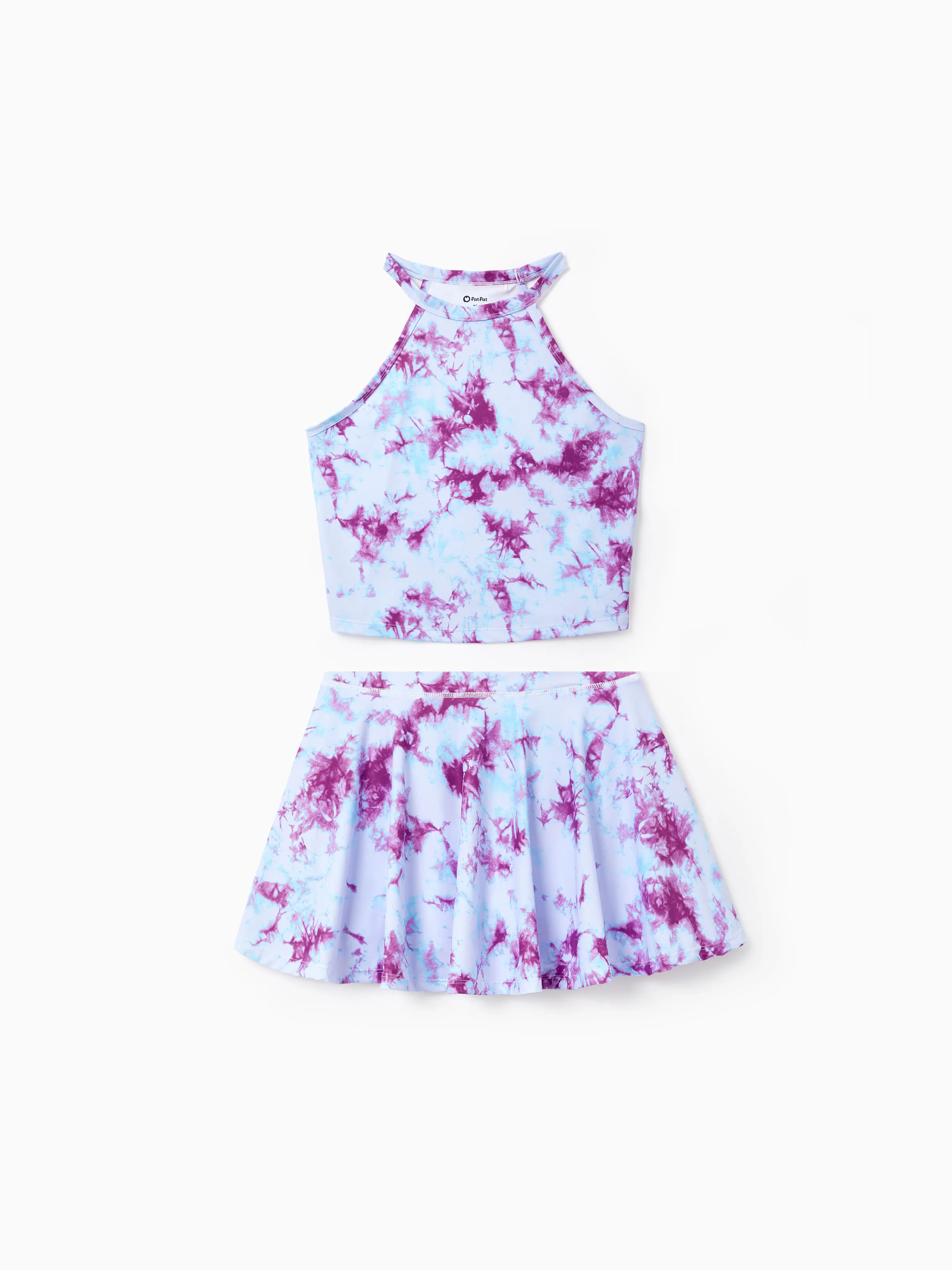 Matching Mommy and Me Tie Dye Skirt Set Halter Crop Top & Flowy Skirt Outfit, Cute Summer Twinning Looks for Vacation & Photos Purple - Image 3