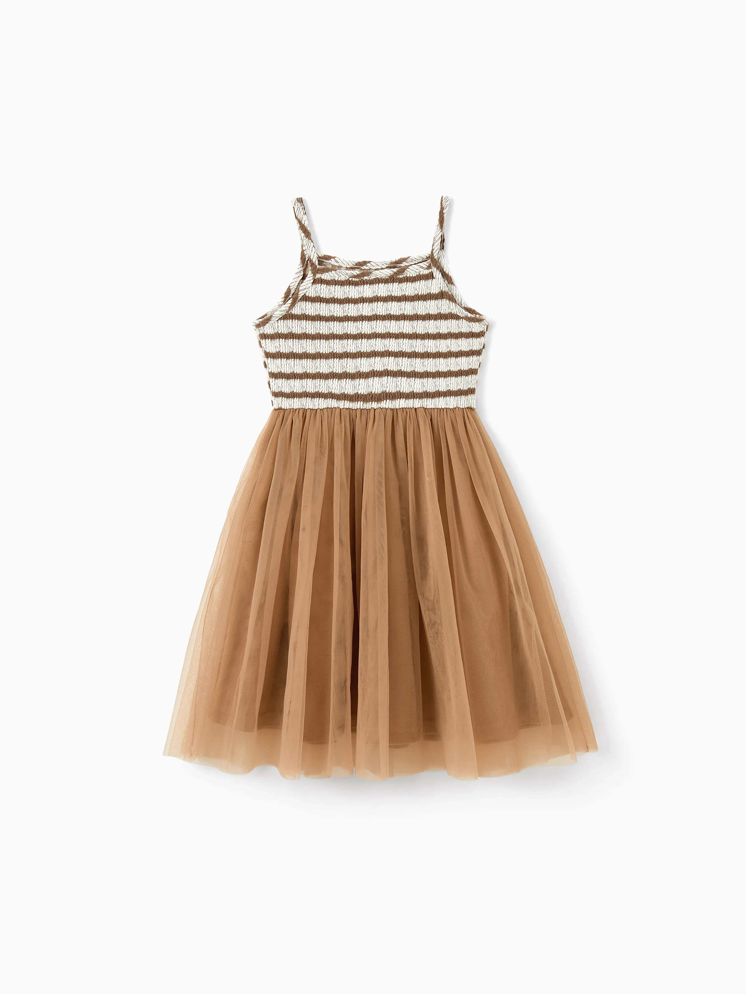 Matching Striped Dresses for Mommy & Me  Twist-Front Dress with Tulle Skirt, Perfect for Summer Family Outings & Photos Khaki - Image 8