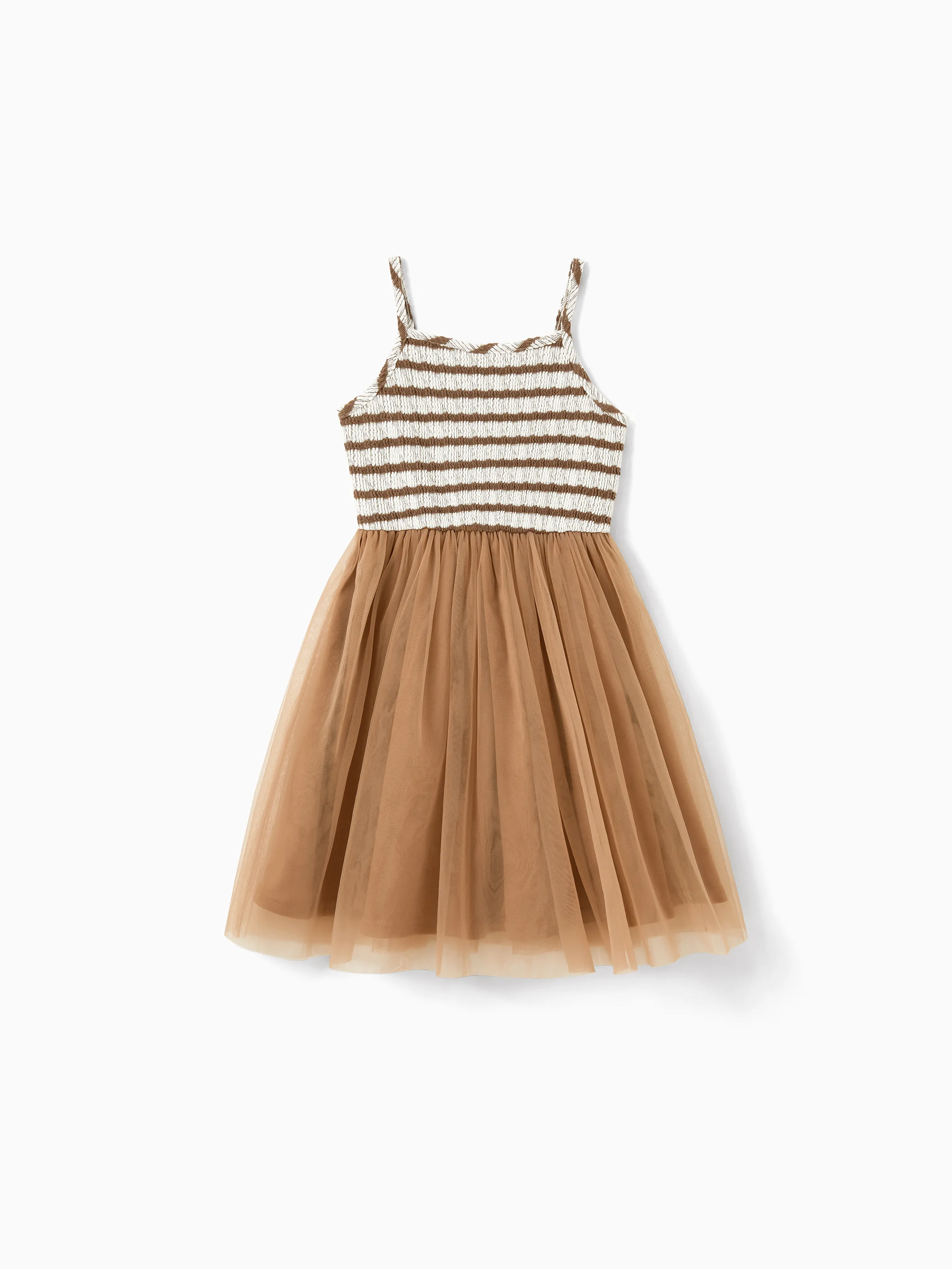 Matching Striped Dresses for Mommy & Me  Twist-Front Dress with Tulle Skirt, Perfect for Summer Family Outings & Photos Khaki - Image 9