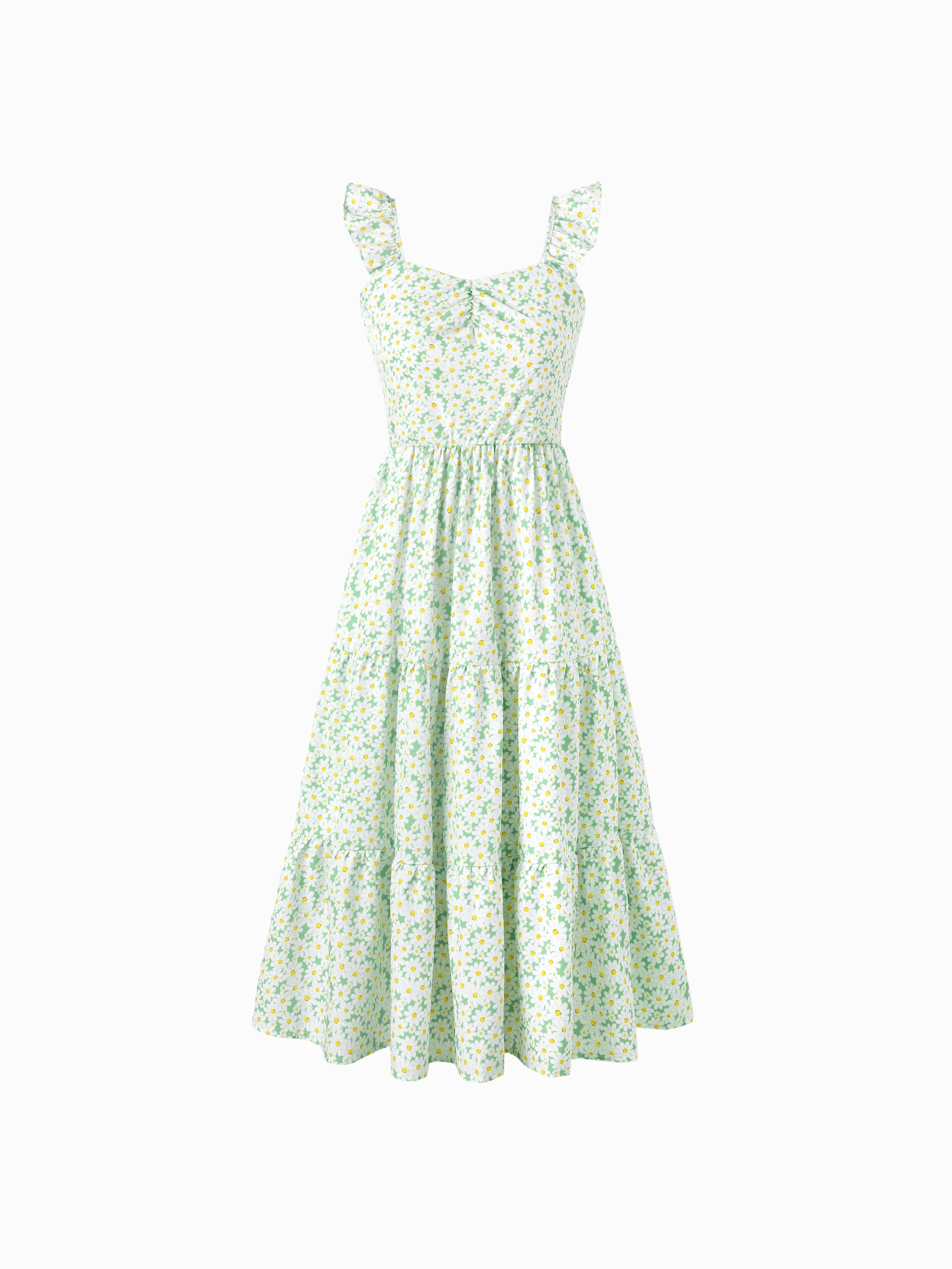 Mommy and Me Floral Dress with Flutter Sleeves Light Green Daisy Print Pale Green - Image 2