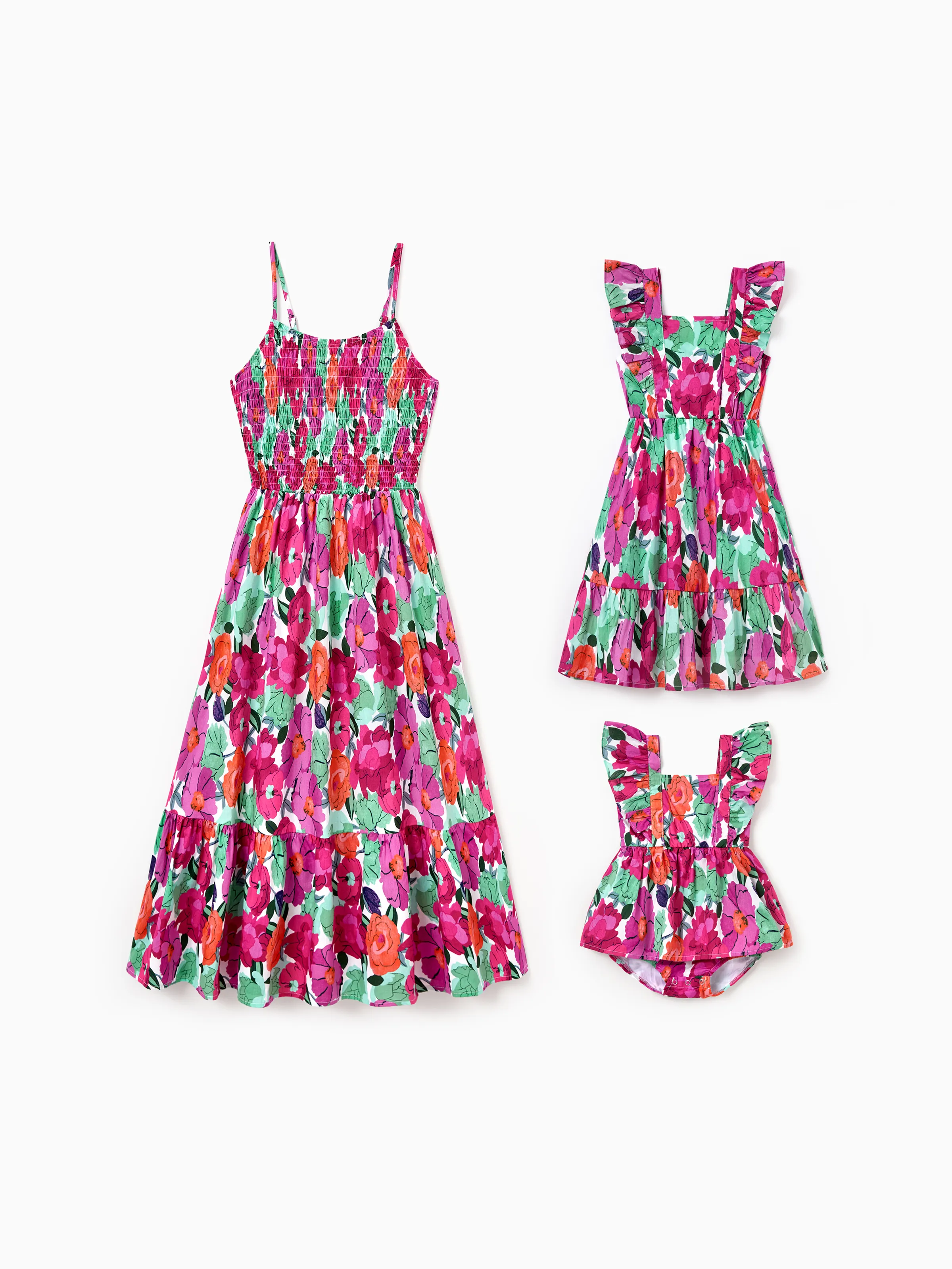Mom & Me Matching Cotton Vacation Dresses Floral Smocked Dresses with Ruffle Straps for Summer Family Outings & Photos Multi-color - Image 2