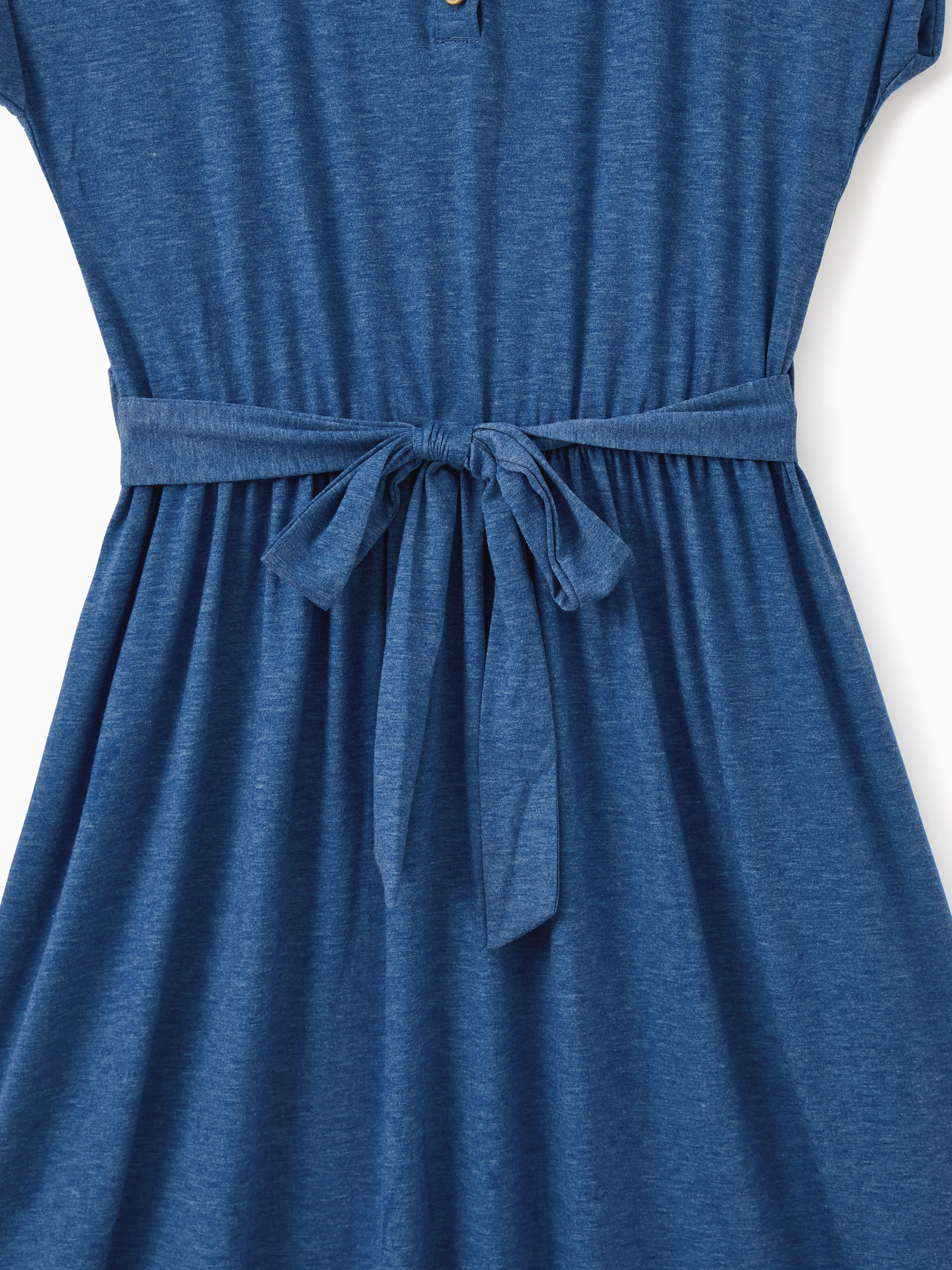 Mommy and Me Family Matching Soft Casual Outfit with Below Knee Dresses, Front Buttons, Belted Design Blue - Image 7