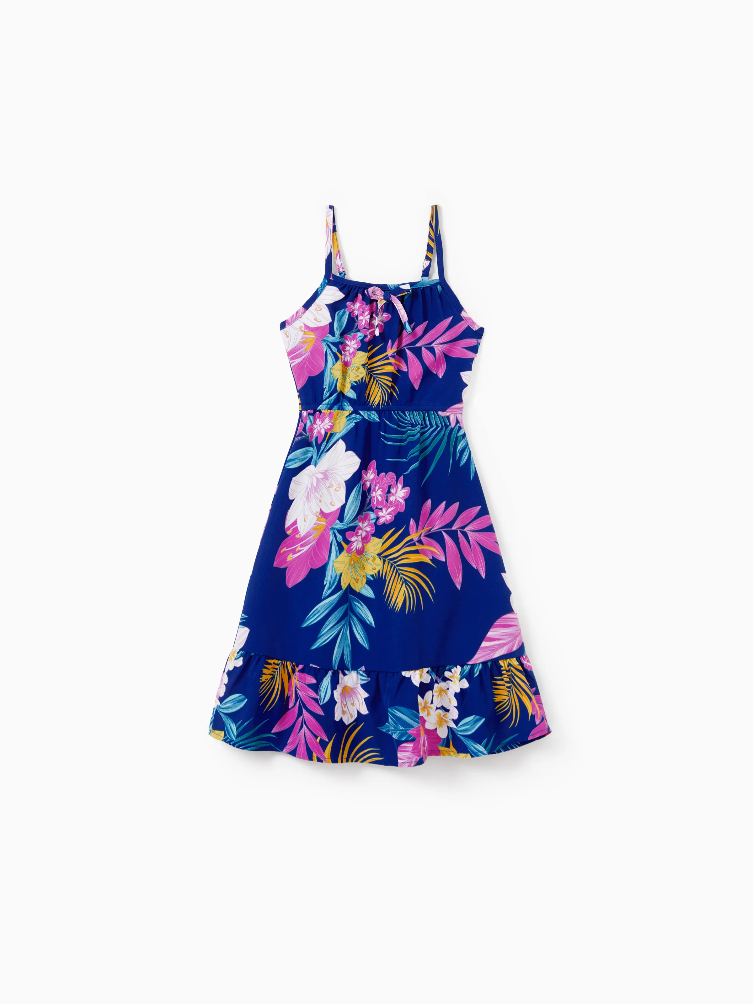 Mommy and Me Matching Family Hawaiian Outfits Tropical Floral Print Strap Dress or Short-sleeve Shirts & Shorts Set Summer Beachwear Set for Vacation Deep Blue - Image 13