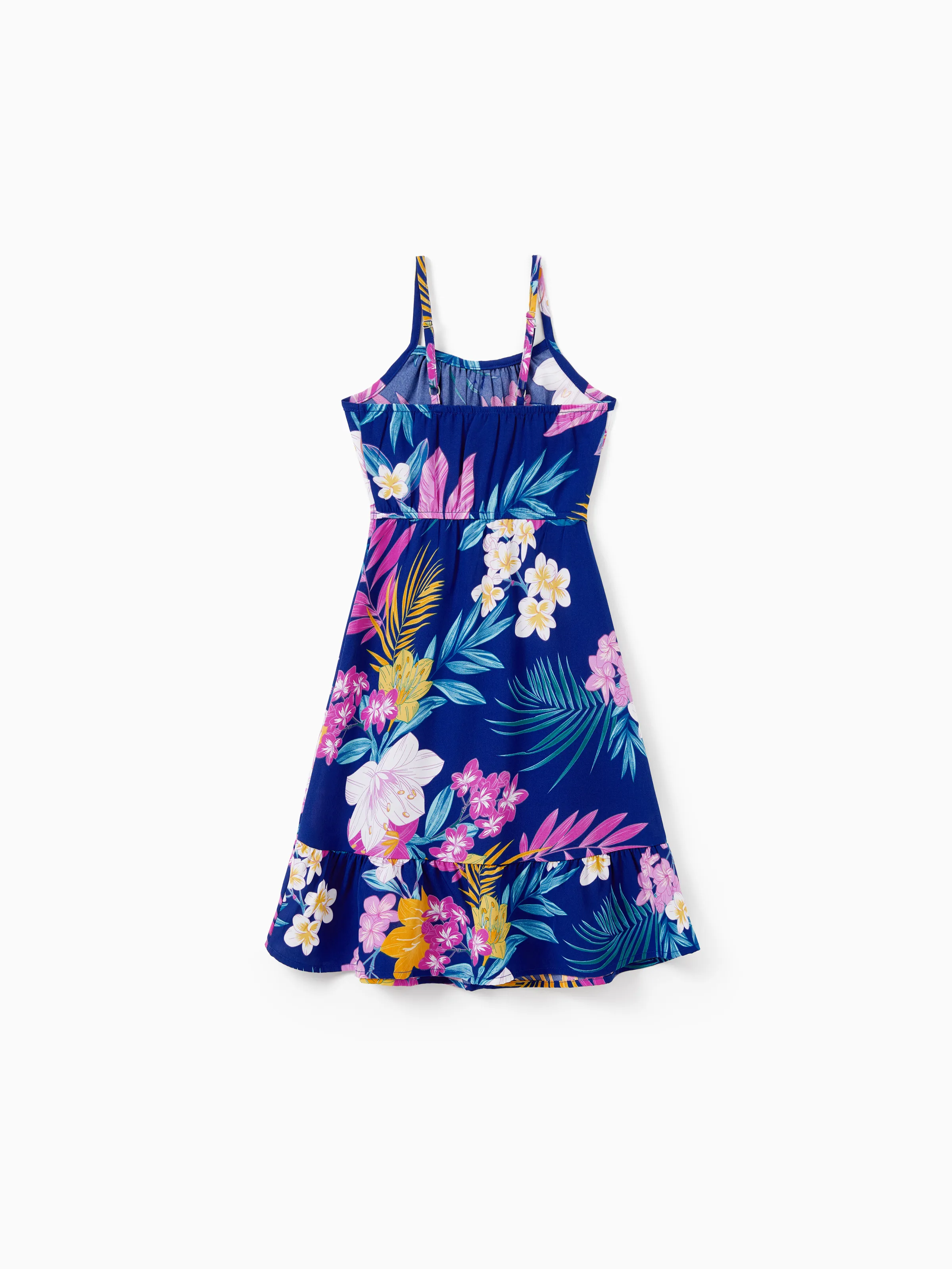 Mommy and Me Matching Family Hawaiian Outfits Tropical Floral Print Strap Dress or Short-sleeve Shirts & Shorts Set Summer Beachwear Set for Vacation Deep Blue - Image 14