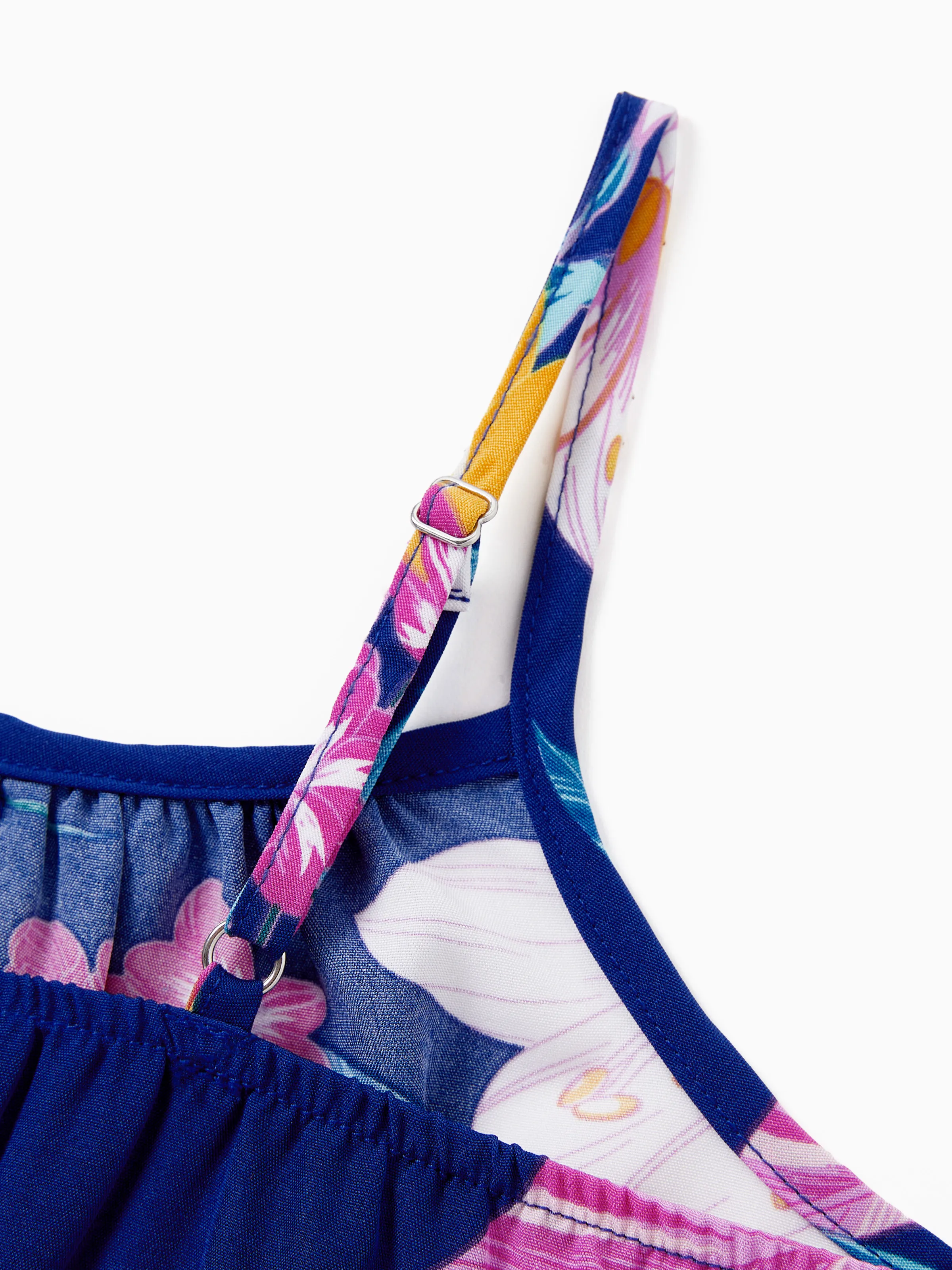 Mommy and Me Matching Family Hawaiian Outfits Tropical Floral Print Strap Dress or Short-sleeve Shirts & Shorts Set Summer Beachwear Set for Vacation Deep Blue - Image 16