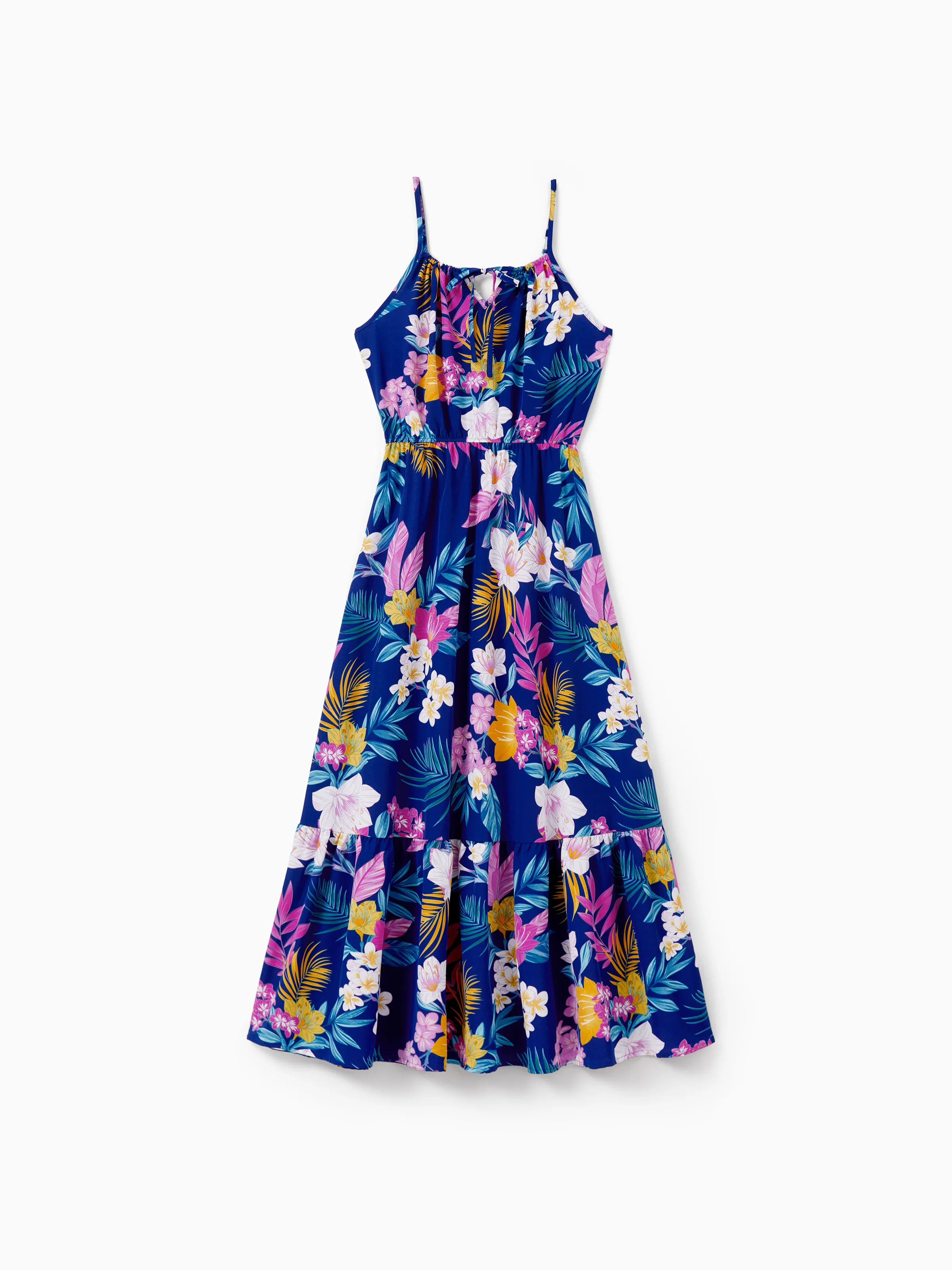 Mommy and Me Matching Family Hawaiian Outfits Tropical Floral Print Strap Dress or Short-sleeve Shirts & Shorts Set Summer Beachwear Set for Vacation Deep Blue - Image 6