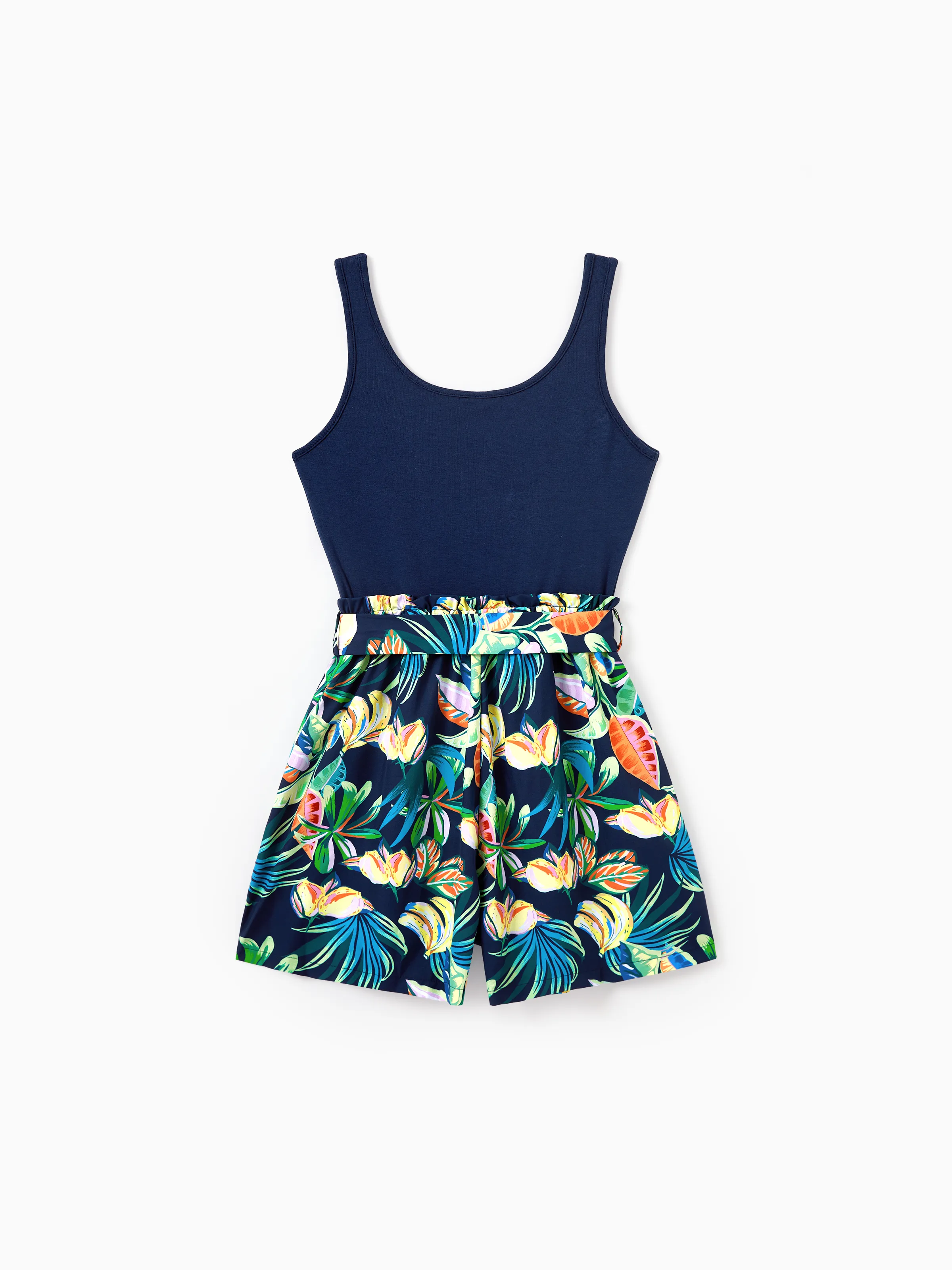 Mommy and Me Tropical Leaves Print Sleeveless Rompers with Belted Shorts Matching Set Deep Blue - Image 4