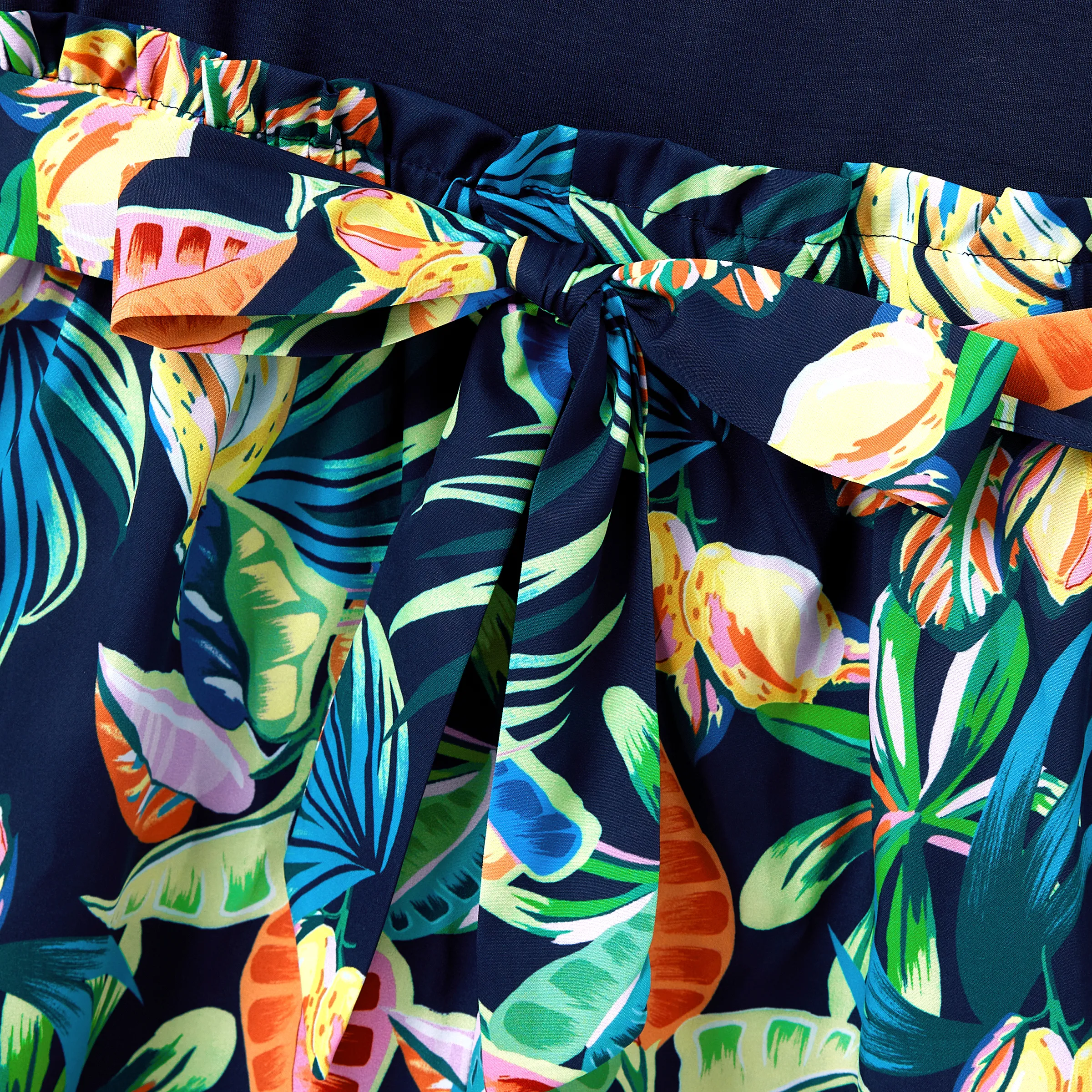 Mommy and Me Tropical Leaves Print Sleeveless Rompers with Belted Shorts Matching Set Deep Blue - Image 6