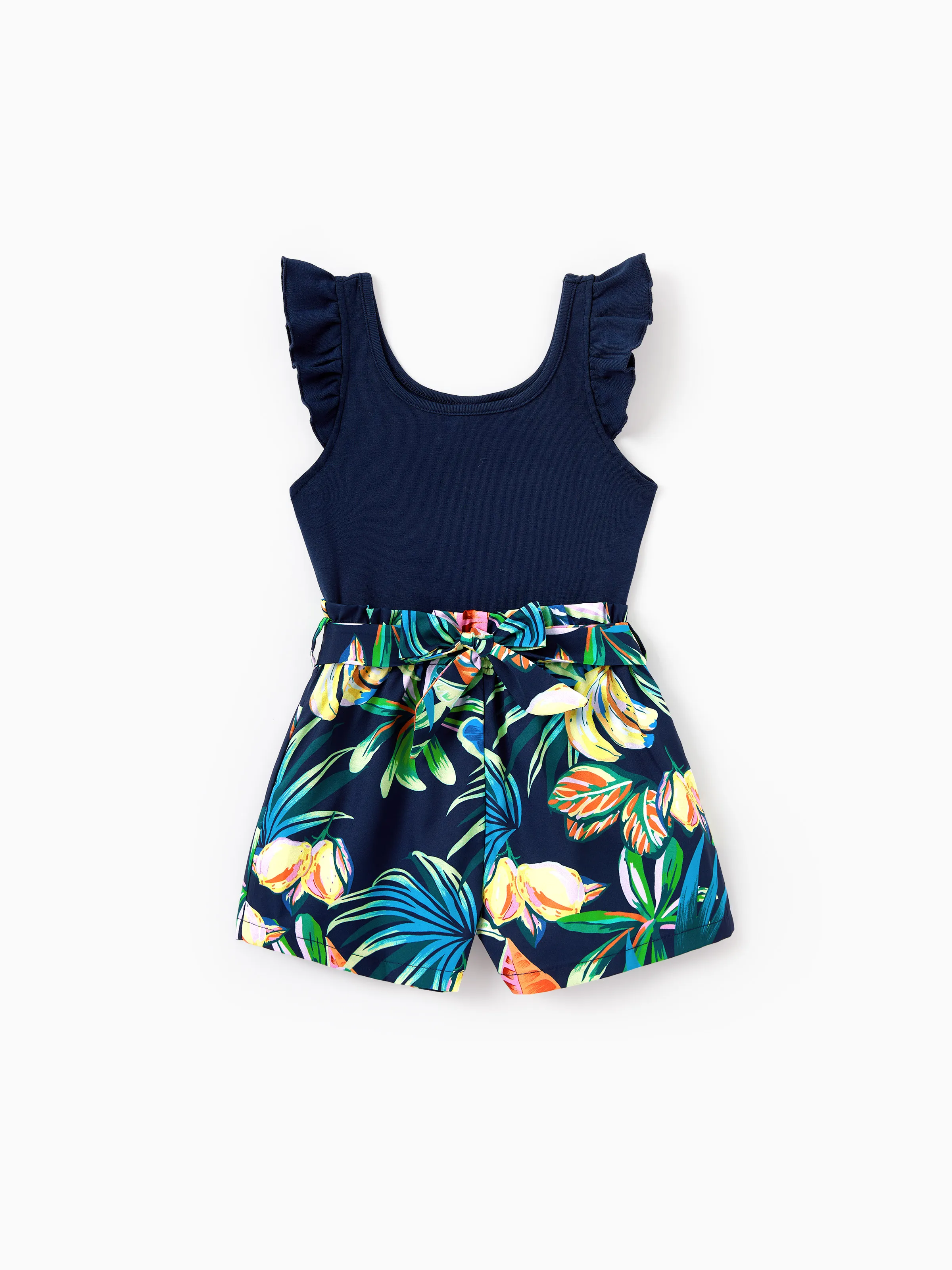 Mommy and Me Tropical Leaves Print Sleeveless Rompers with Belted Shorts Matching Set Deep Blue - Image 8