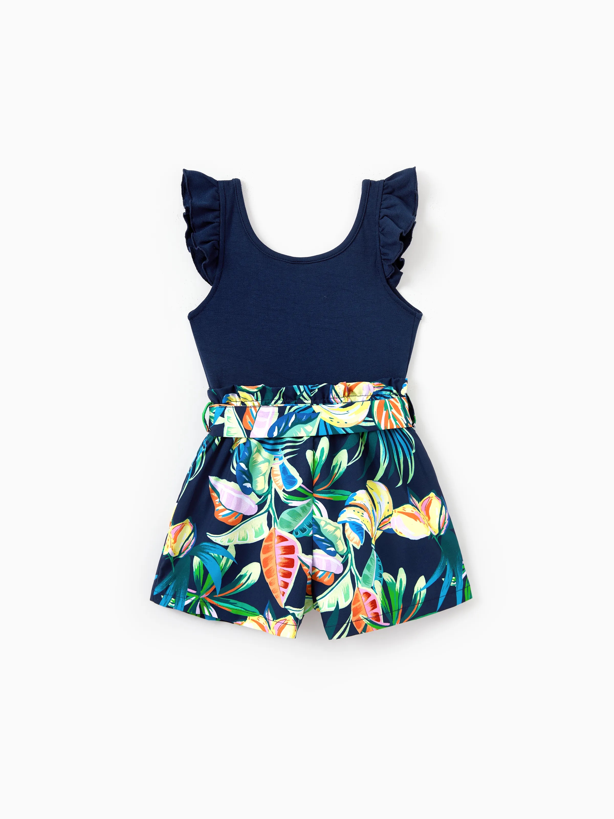 Mommy and Me Tropical Leaves Print Sleeveless Rompers with Belted Shorts Matching Set Deep Blue - Image 9