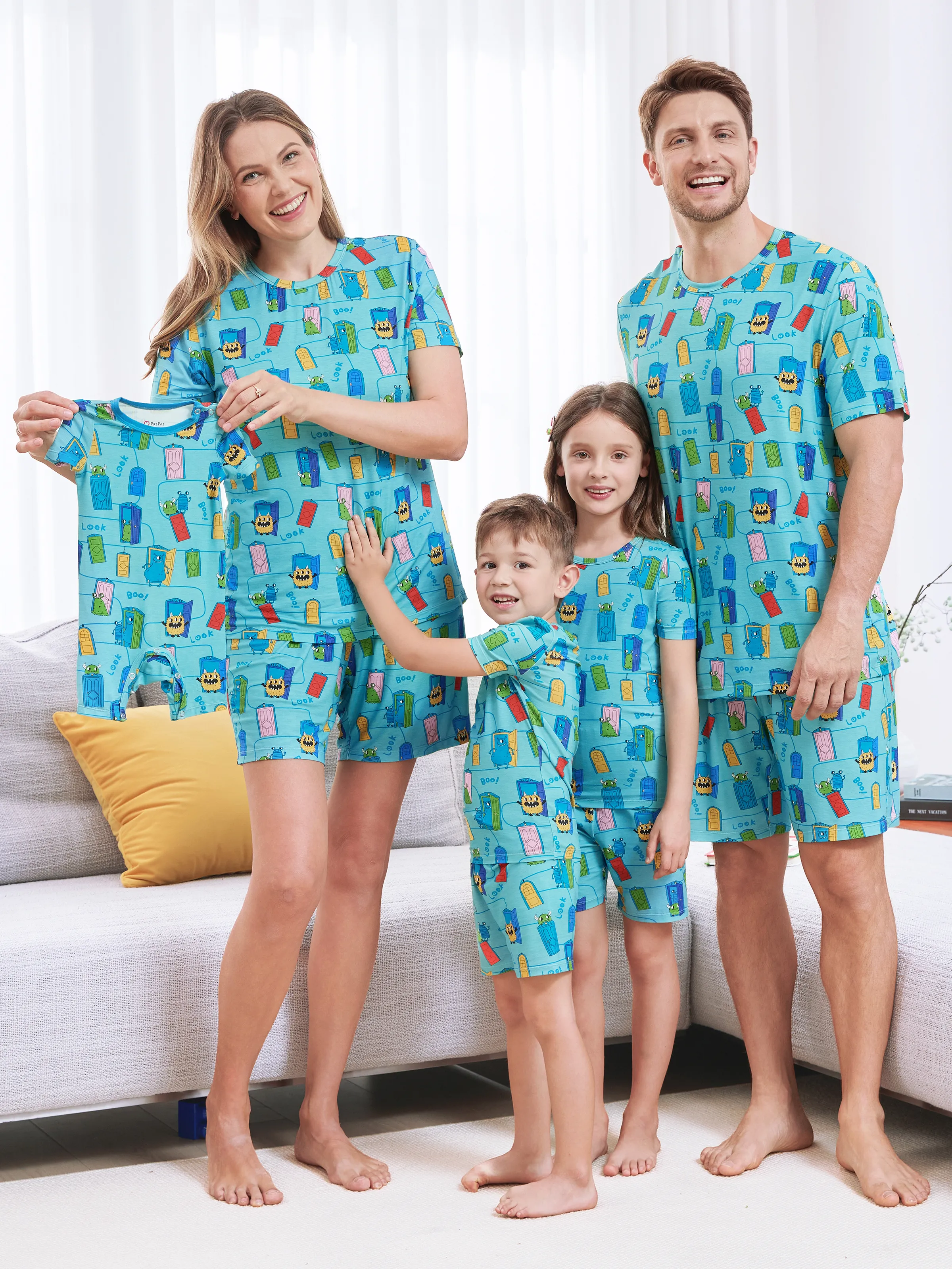 Mommy & me Bamboo Family Pajamas Cartoon Print Short-sleeve Matching Pajama set ( Snug-Fitting for Children ) Green - Image 2
