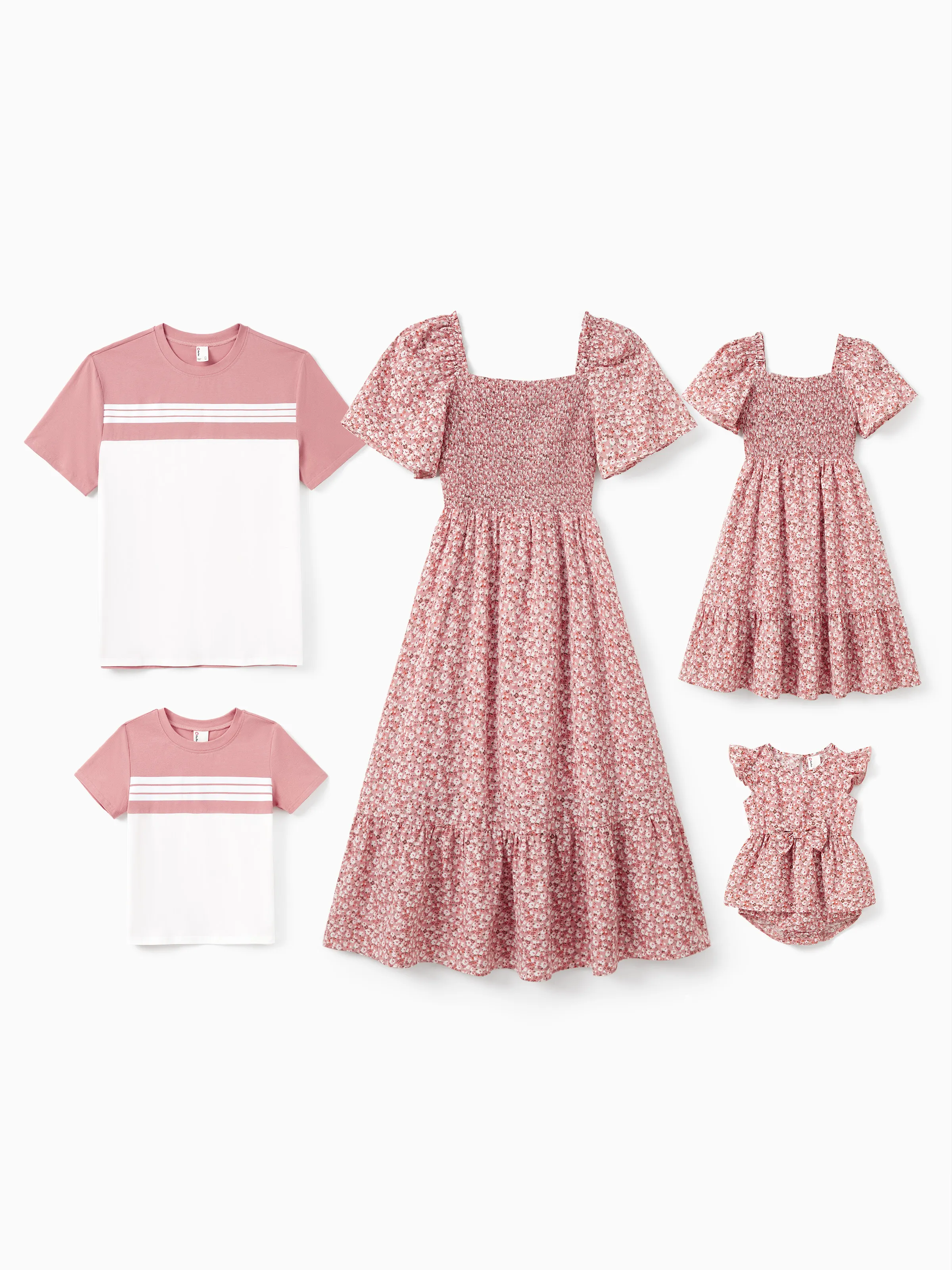 Mommy & me Blue Flora Print Smocking Puff-sleeve Dress Set Pink - Image 2