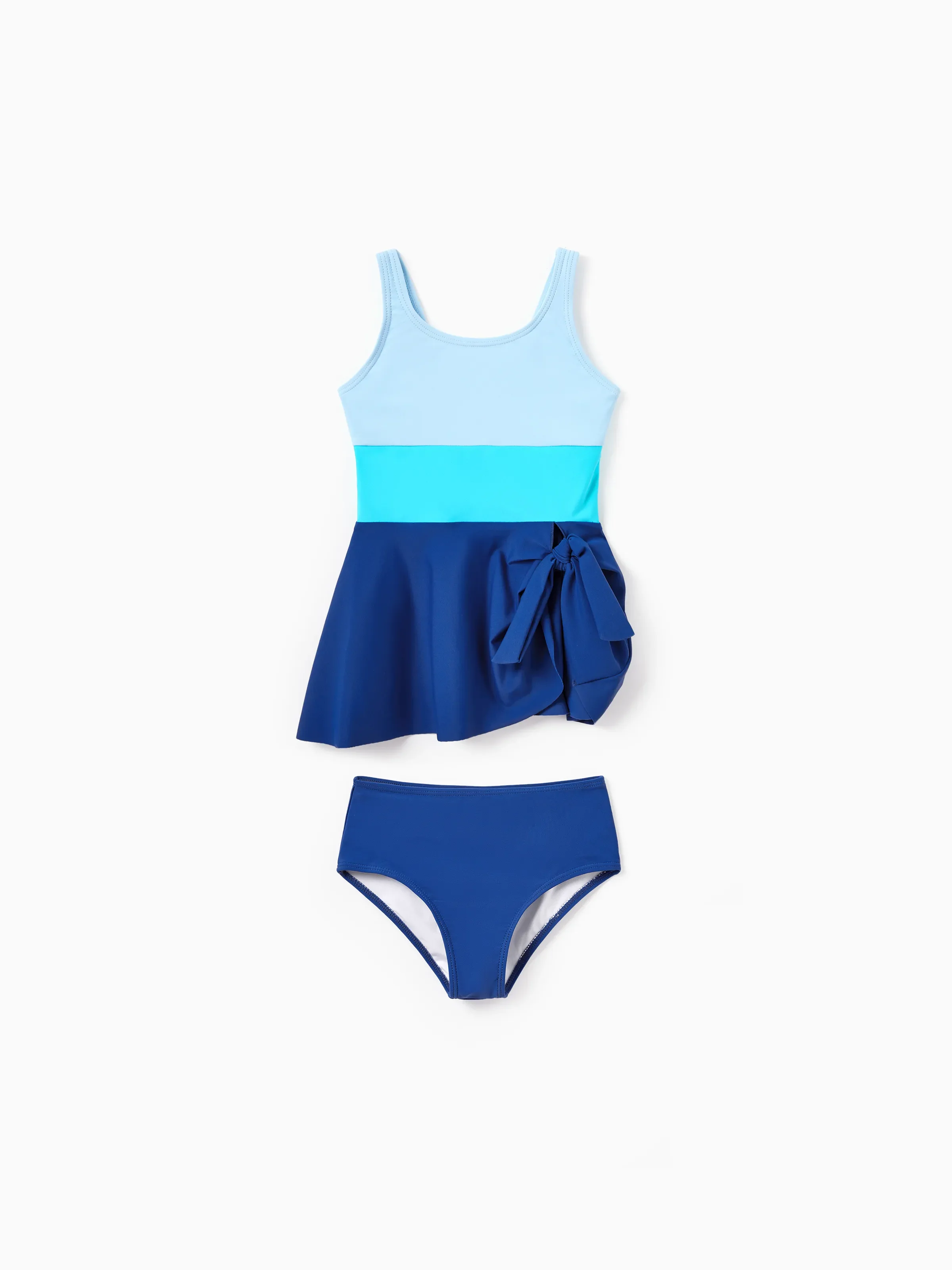 Mommy & me Color Block Swimsuits One Shoulder Swim Dress / Swim Trunks Set Blue - Image 8