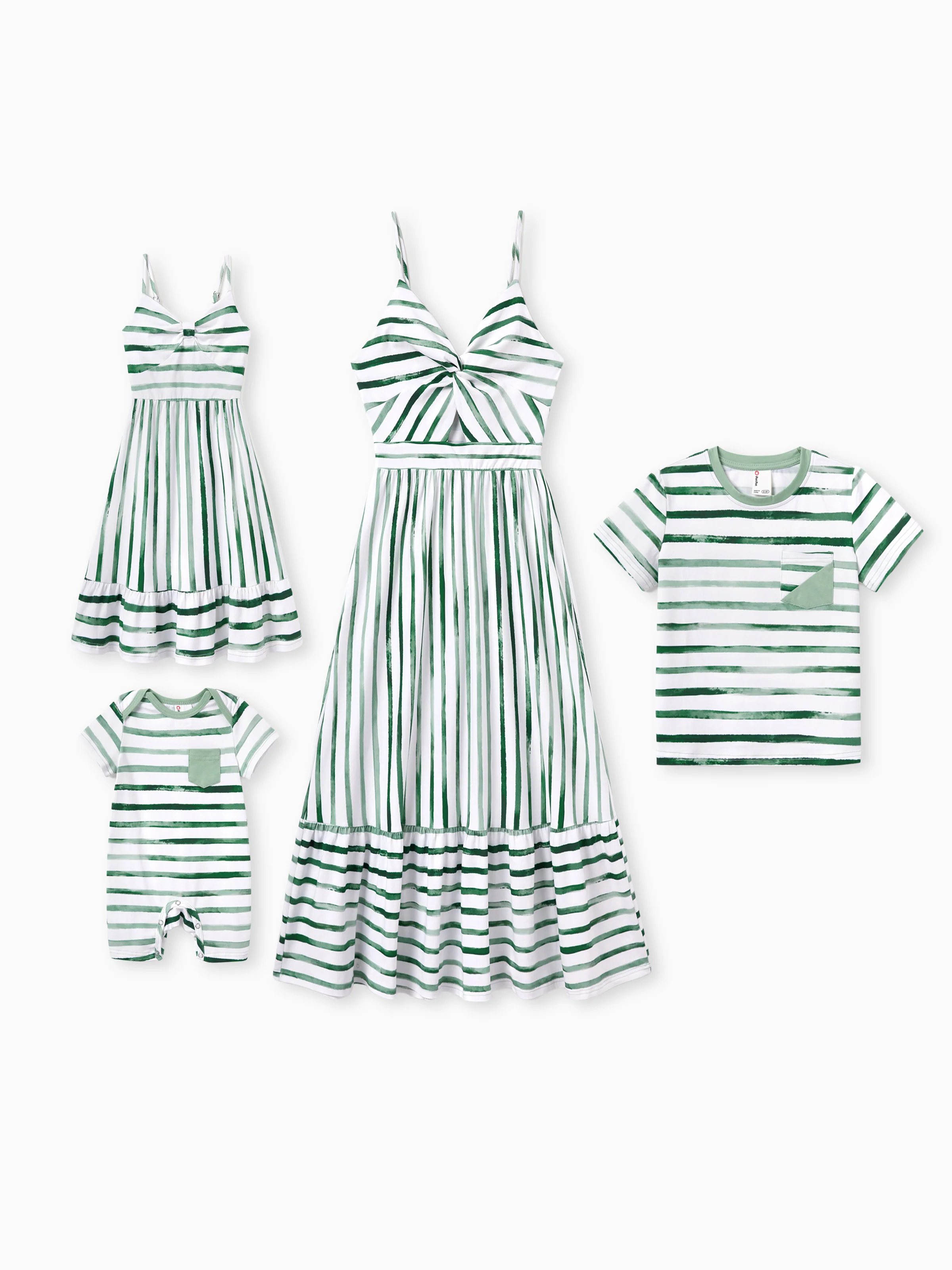 Mommy & me Cotton Outfits Set Green Striped T-Shirt and Dress Set for Dad, Mom, Kids & Baby, Perfect for Summer Family Outings & Photos Green