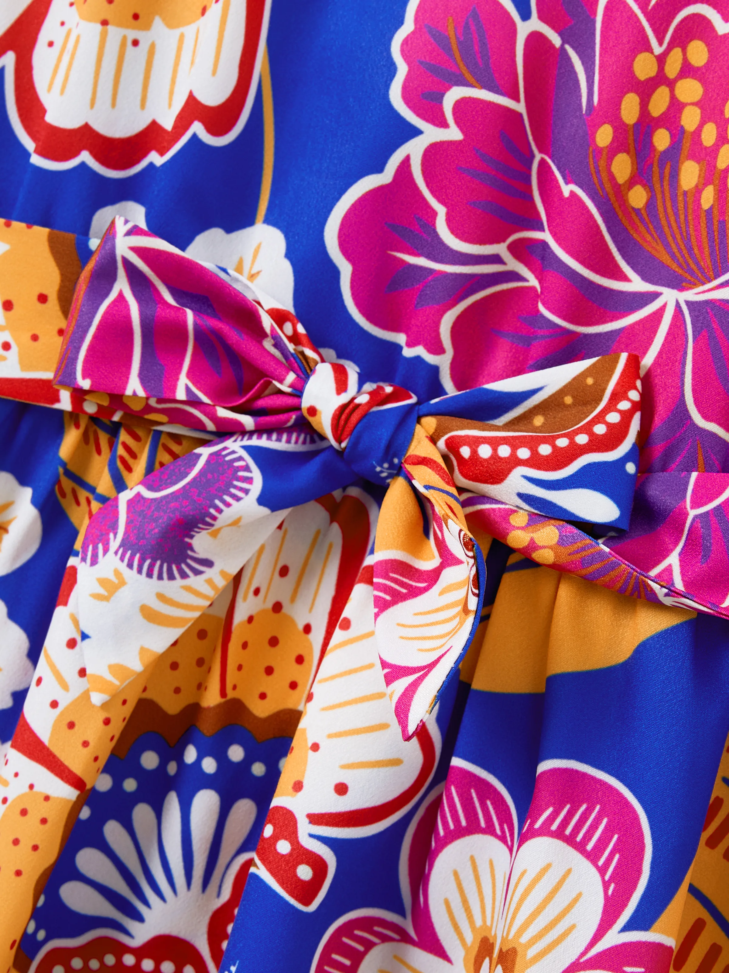 Mommy & me Hawaiian Outfits Tropical Floral Print Vacation Clothes Strap Belted Dress Navy - Image 12