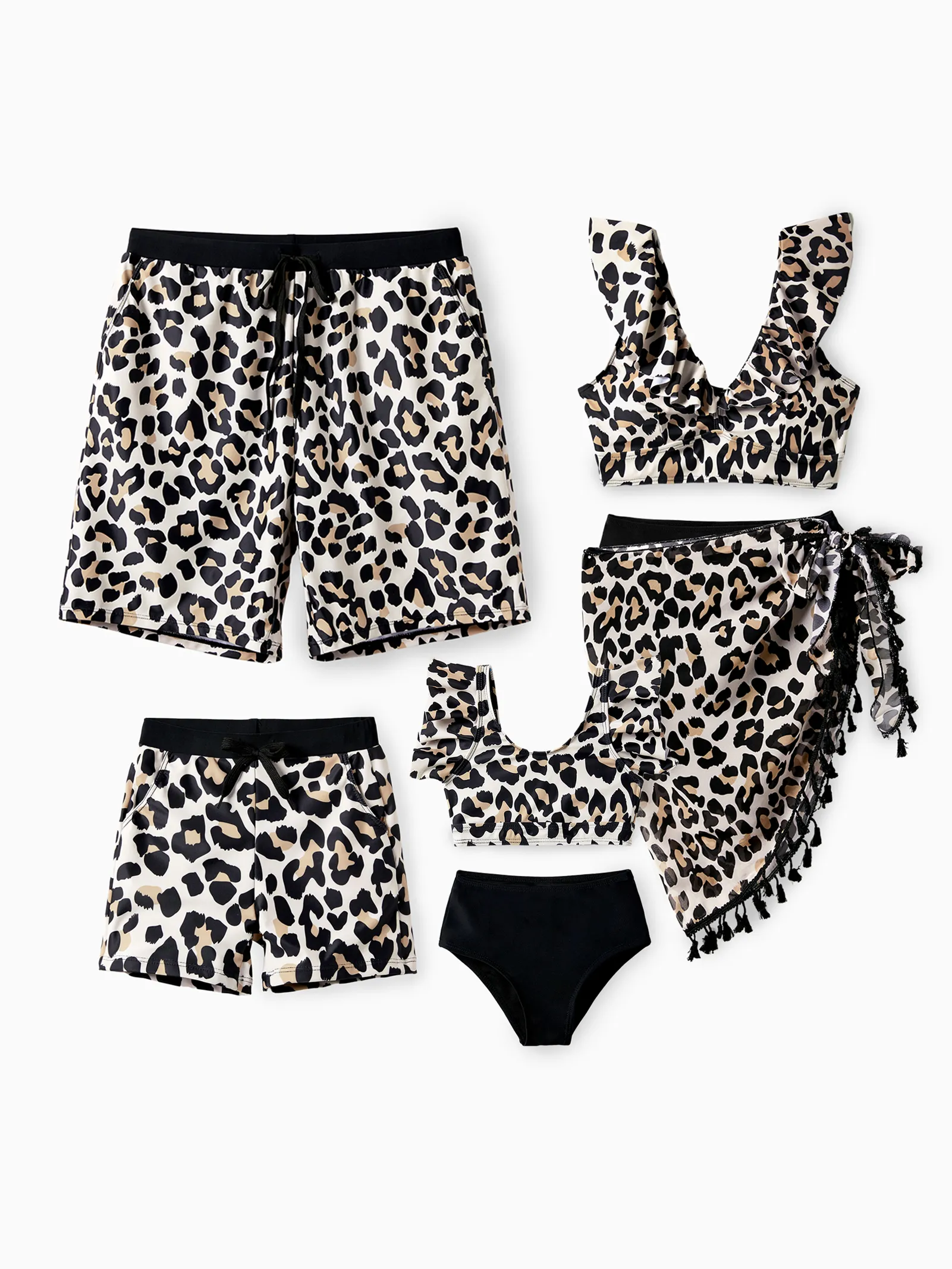 Mommy & me Leopard Pattern Drawstring Ruffle Neck Two-Piece Bikini with Optional Cover Up Sarong Skirt Black - Image 2