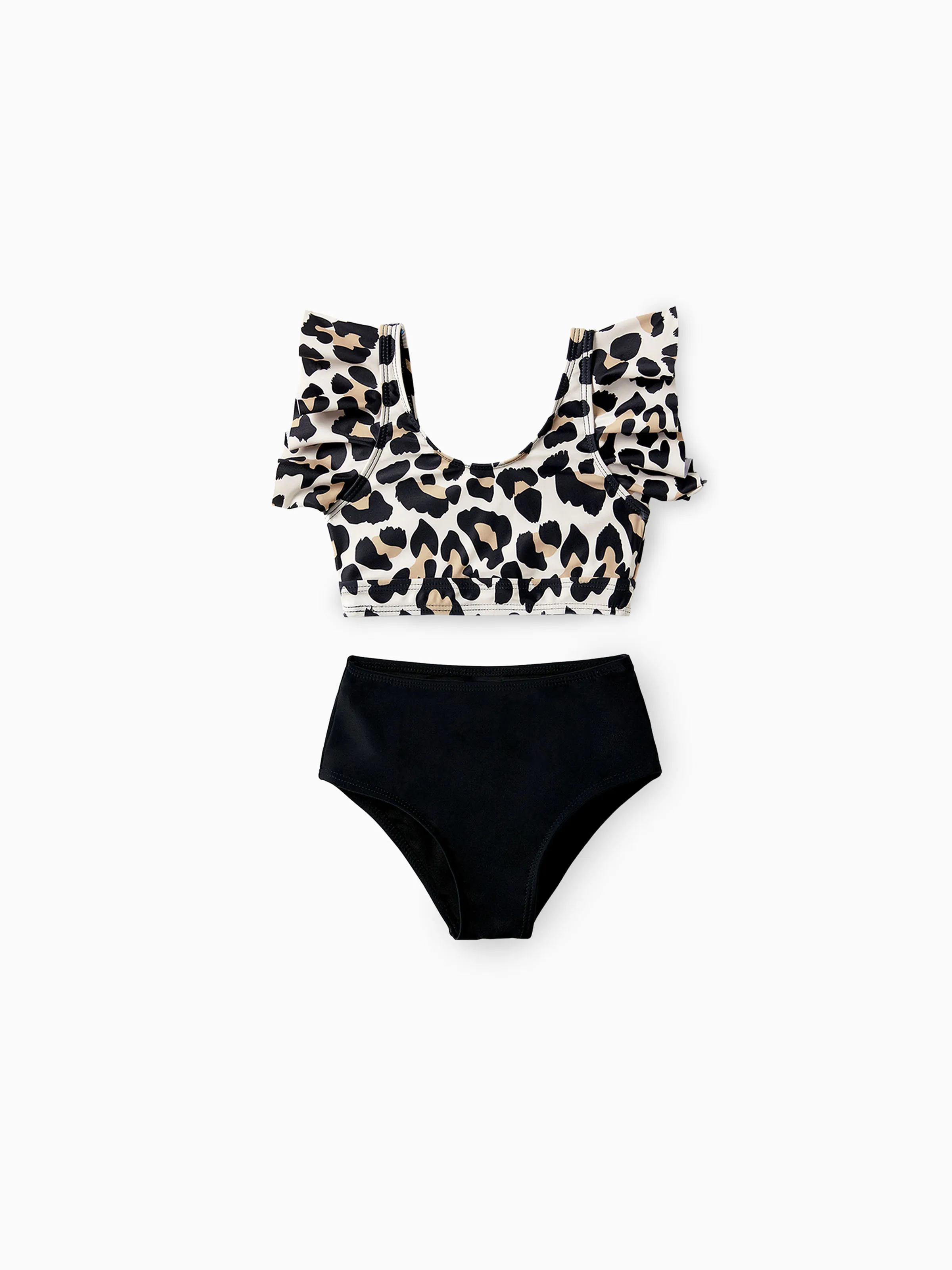 Mommy & me Leopard Pattern Drawstring Ruffle Neck Two-Piece Bikini with Optional Cover Up Sarong Skirt Black - Image 8