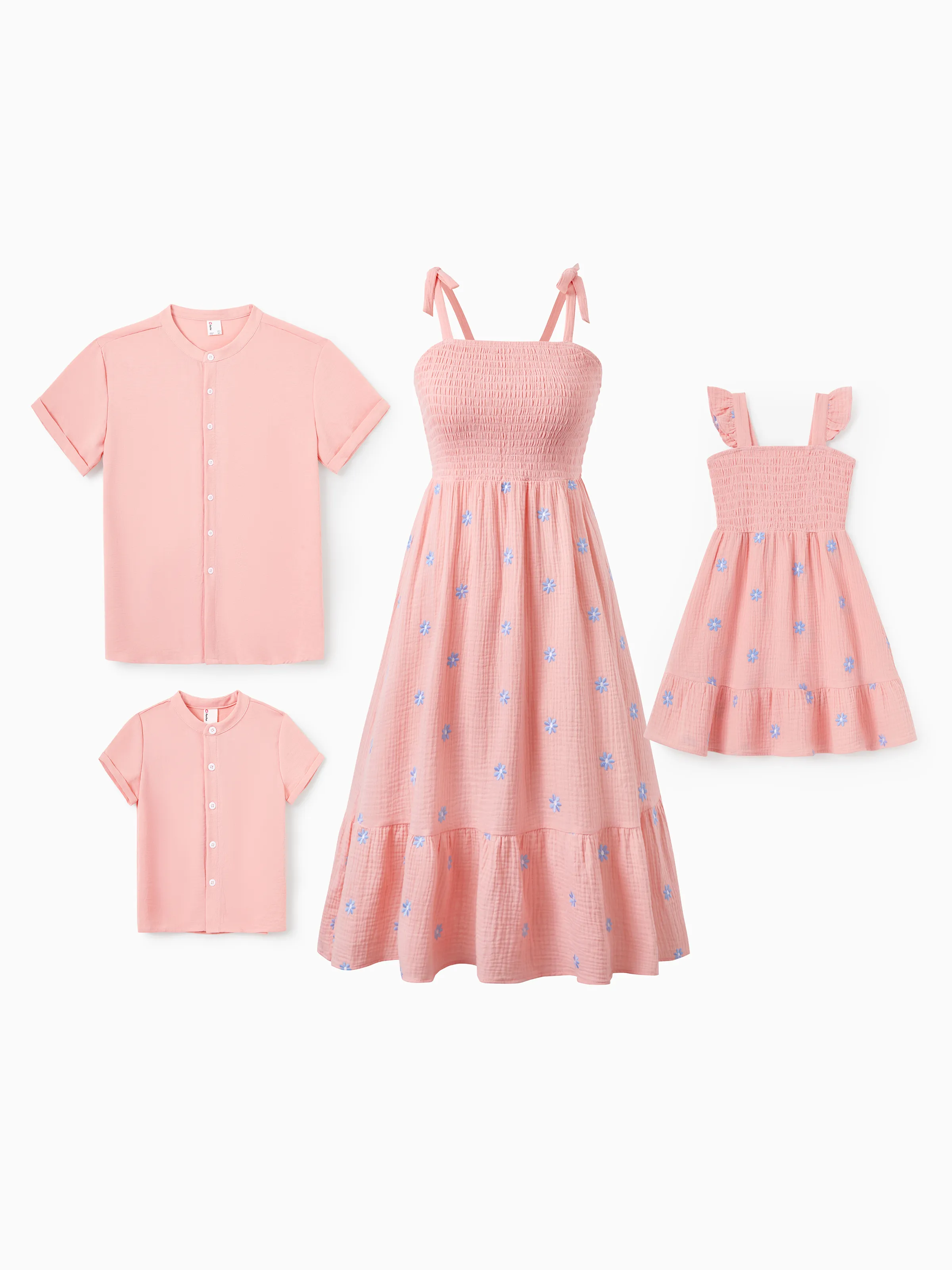 Mommy & me Pink Outfits Flower Print Smocked Tie-Back Cotton Dress for Mom & Daughter, Solid Shirts for Son, Perfect for Summer Family Outings & Photos Mauve Pink - Image 2