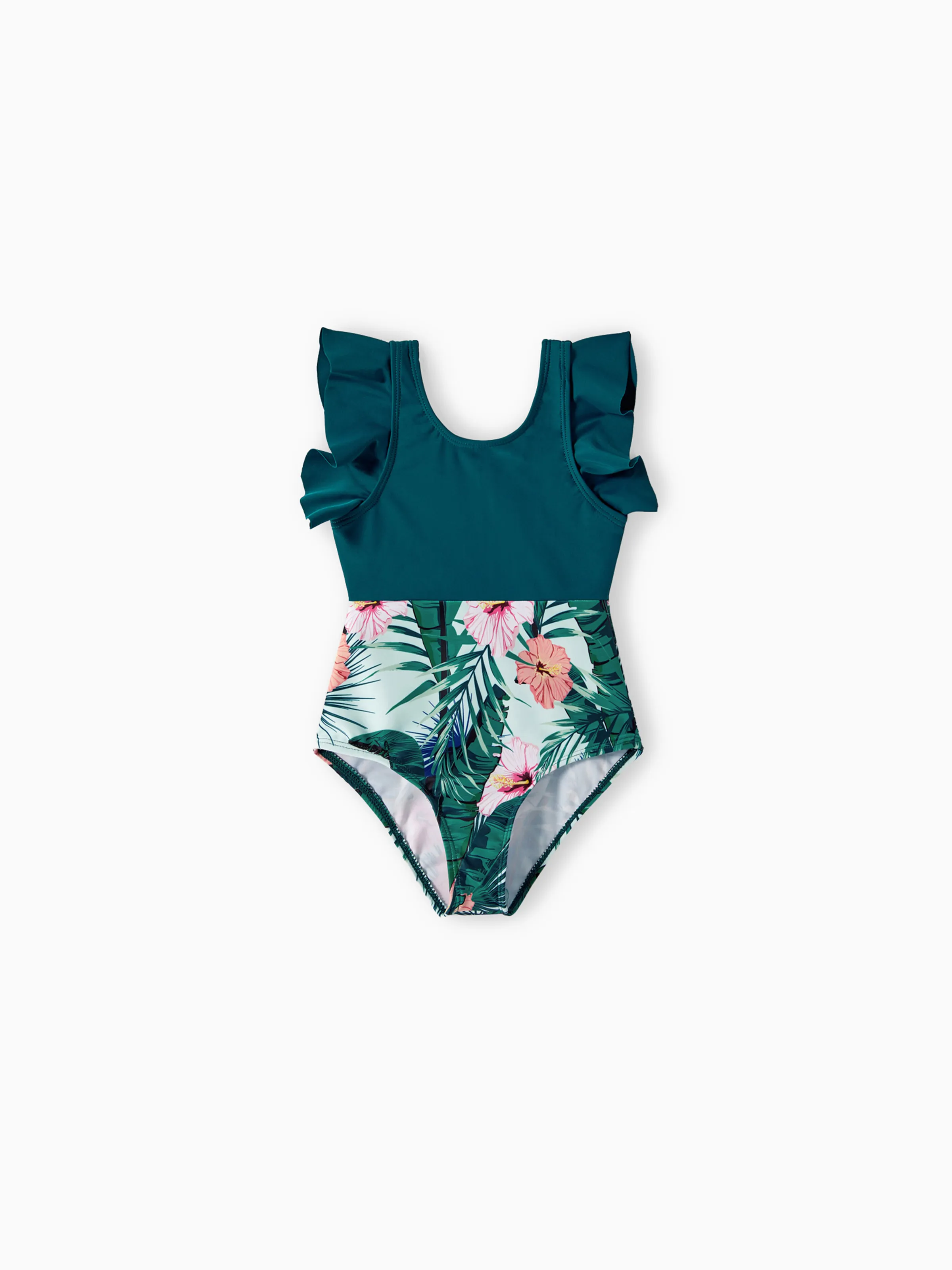 Mommy & me Plant Print Ruffle Trim Spliced One-piece Swimsuit Green - Image 10