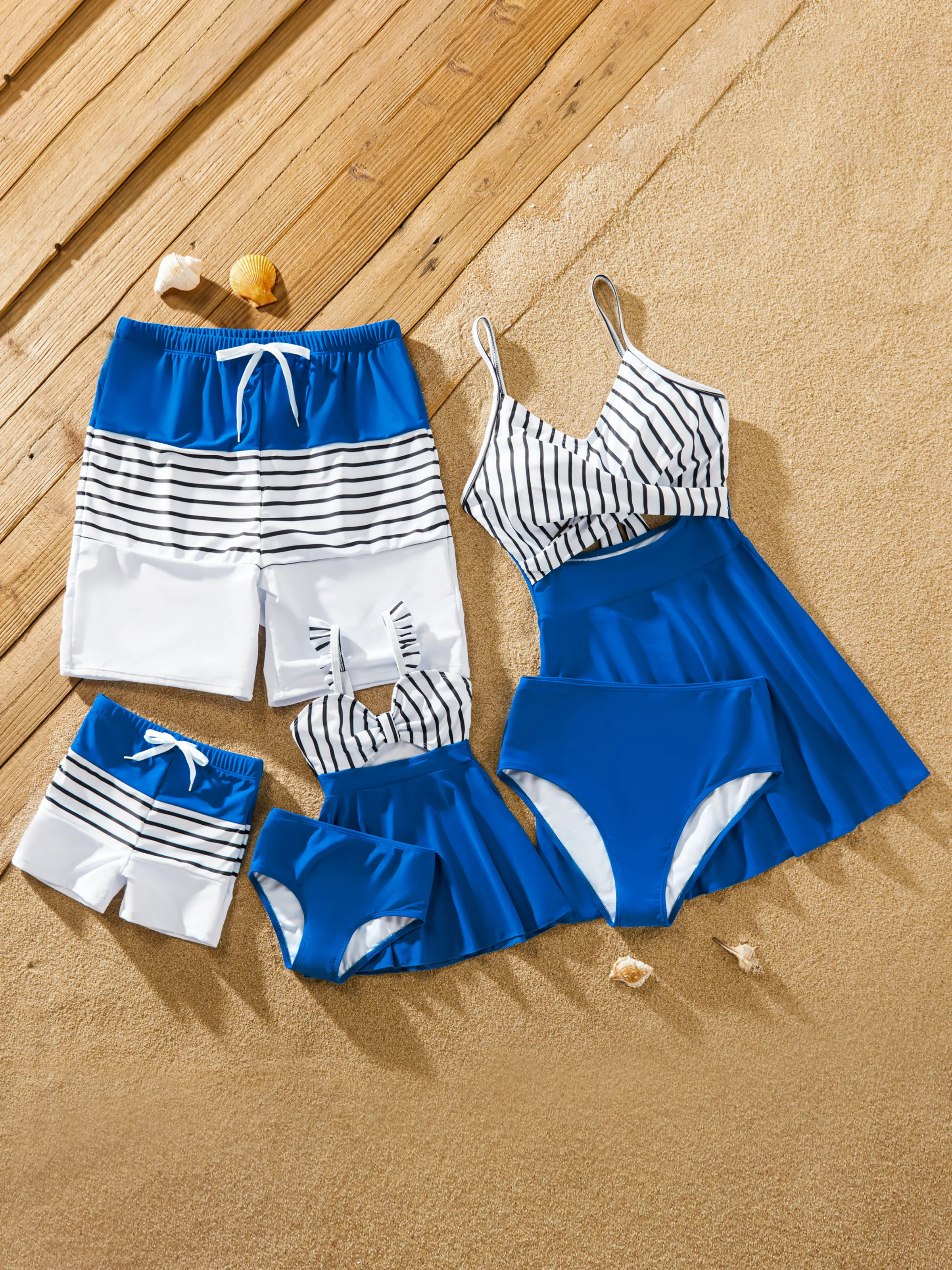 Mommy & me Swimsuit Striped Blue Spliced Tankini with Cross-Front, Tie-Back, and Thin Straps Color block - Image 4
