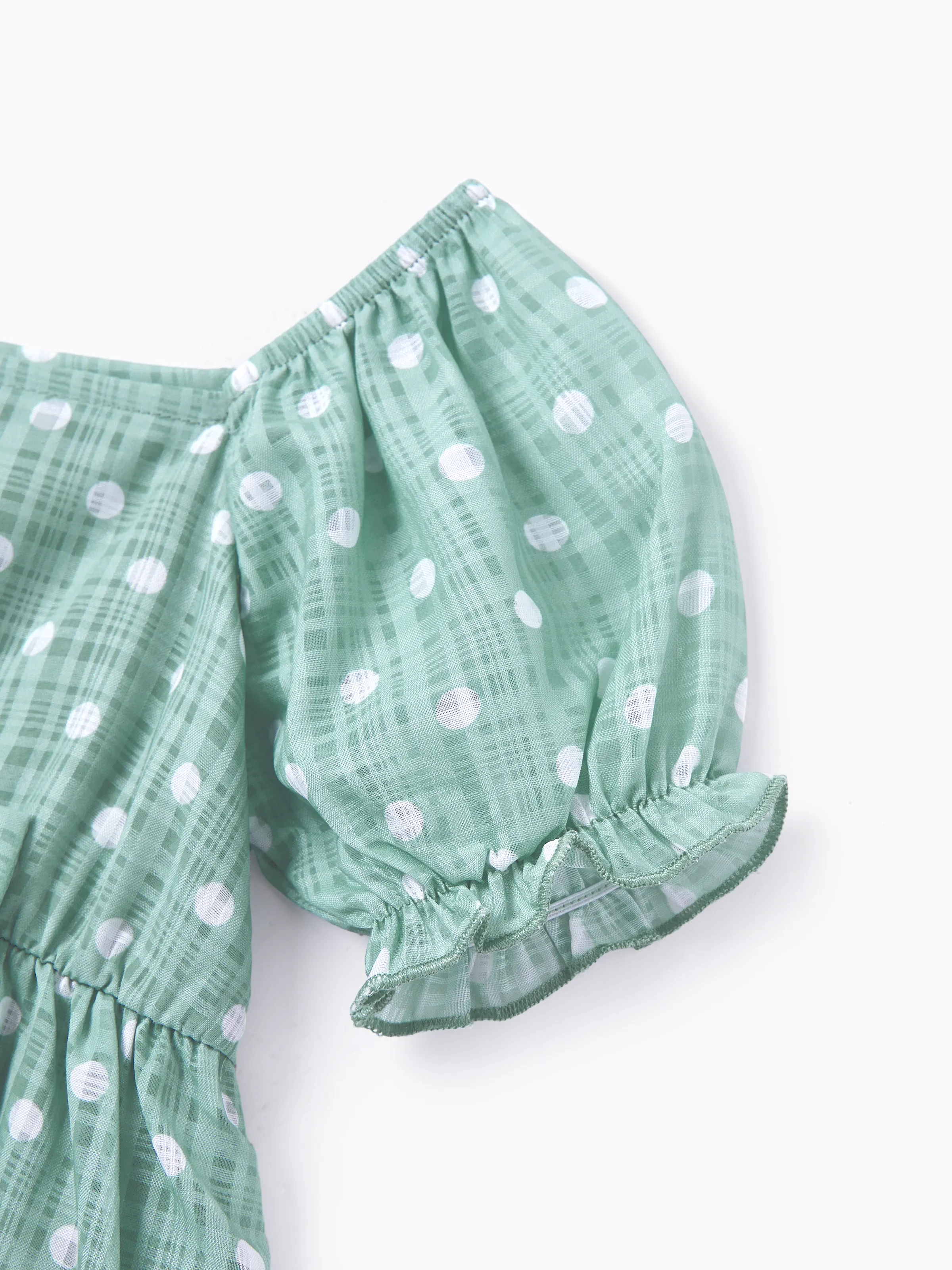 Mommy & me T-Shirt & Dress Set Polka Dot Puff-sleeve Dress for Mom, Daughter & Baby, Color Block Cotton Tee for Dad & Son, Perfect for Family Outings & Photos Light Green - Image 23