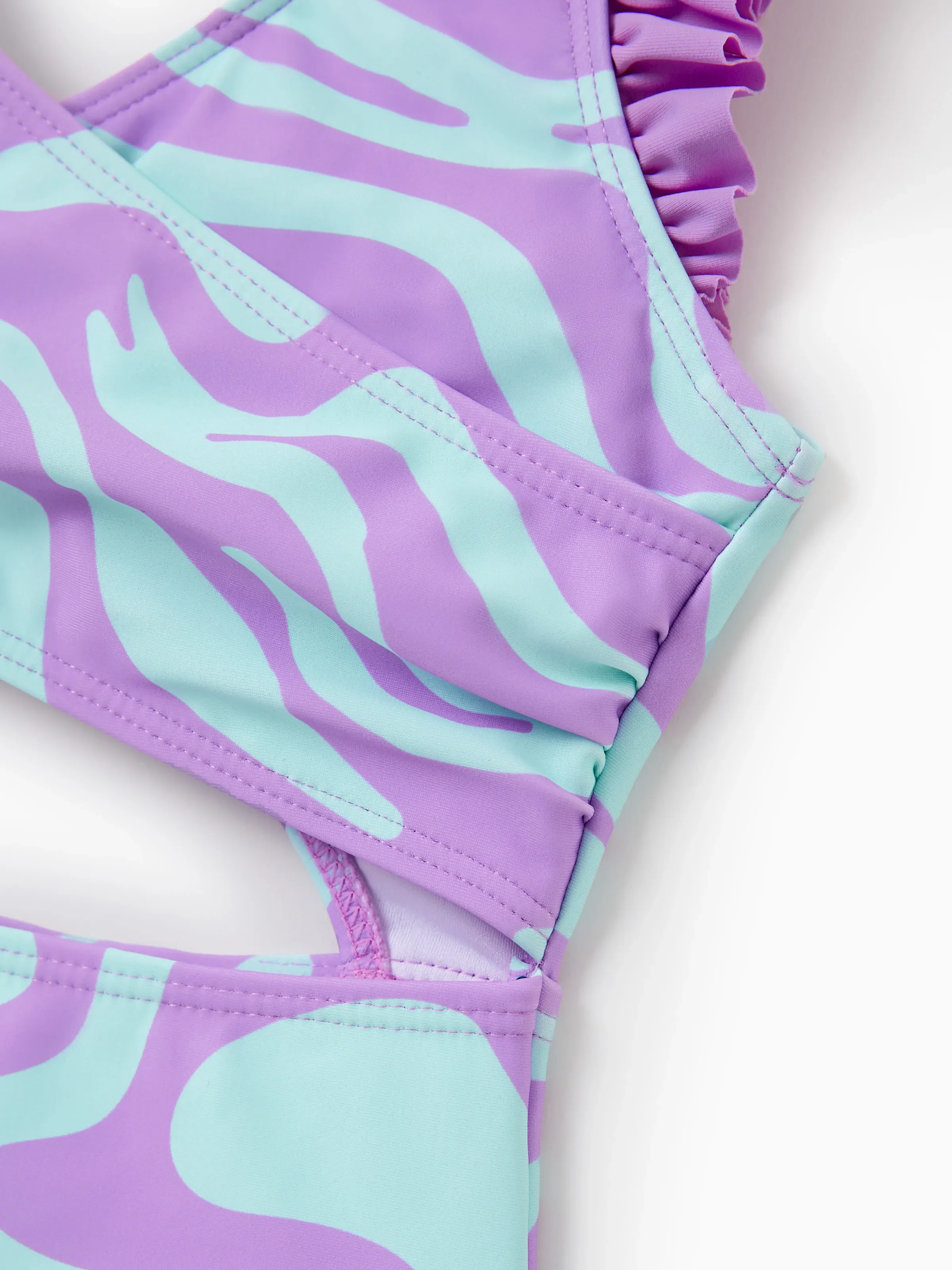 Mommy & me Trendy Purple & Blue Wave Print Midriff Cutout One-Piece Swimsuit Purple - Image 6