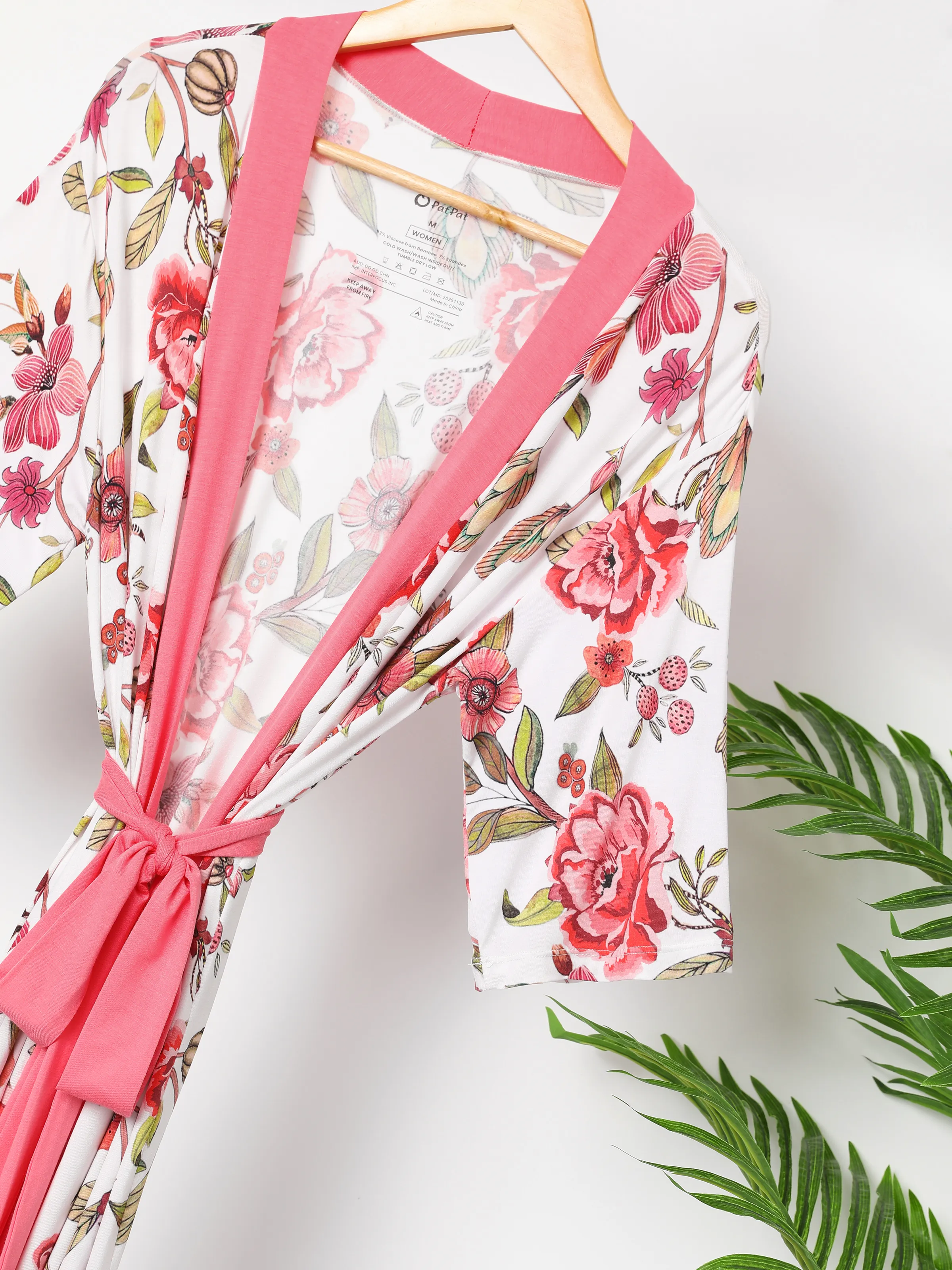 Newborn Bamboo Set for Mommy and Me Floral Bamboo Robe for Mom, Soft Swaddle Blanket with Hat, Gentle & Breathable for Newborn Essentials Peach Pink - Image 5