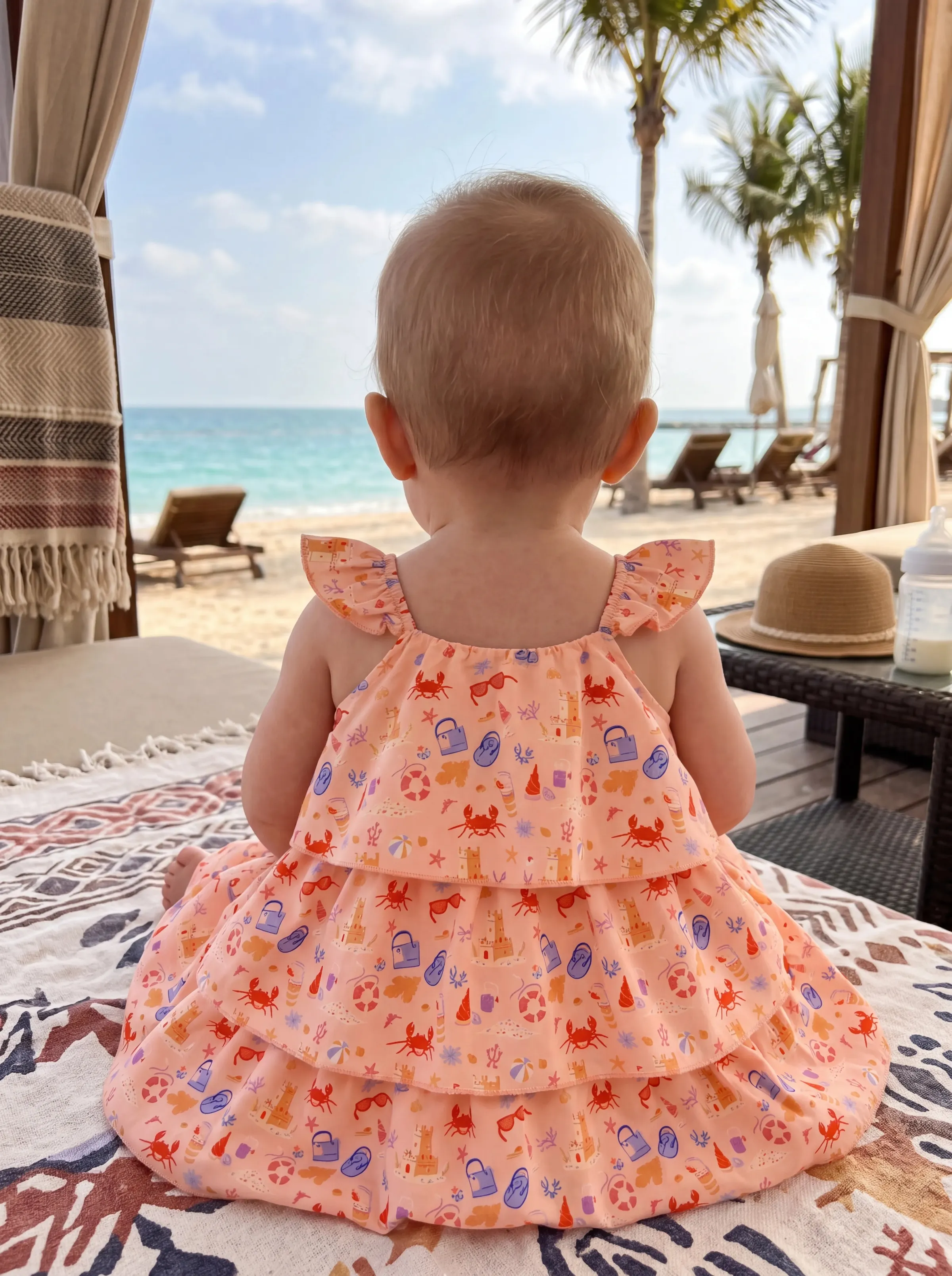Ocean Vibes Baby Girl Beach Print Tiered Dress Light Pink - Image 8