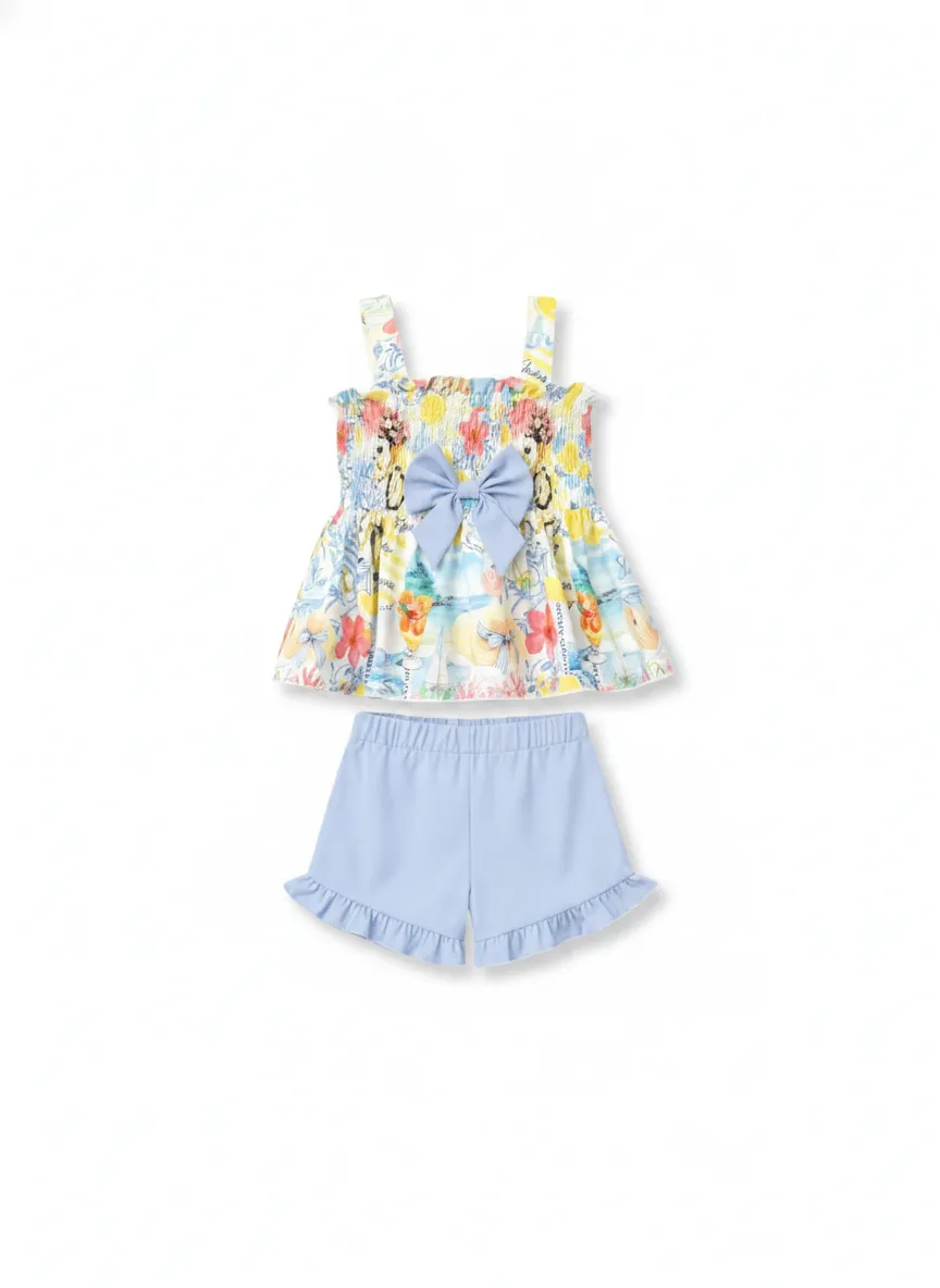 Ocean Vibes Toddler Girl Bow Ruffle Top & Shorts Set Blue - Image 2