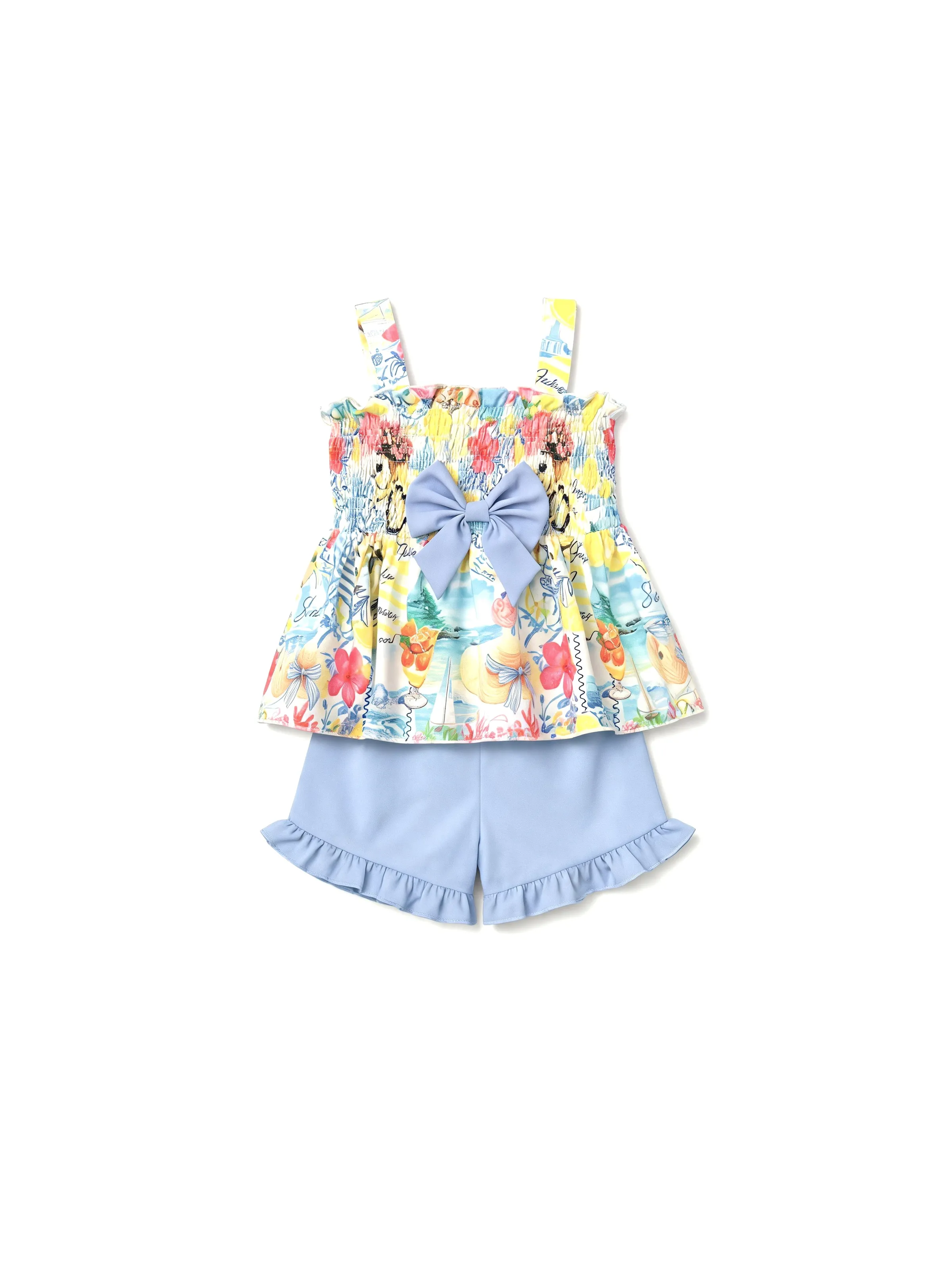 Ocean Vibes Toddler Girl Bow Ruffle Top & Shorts Set Blue - Image 5