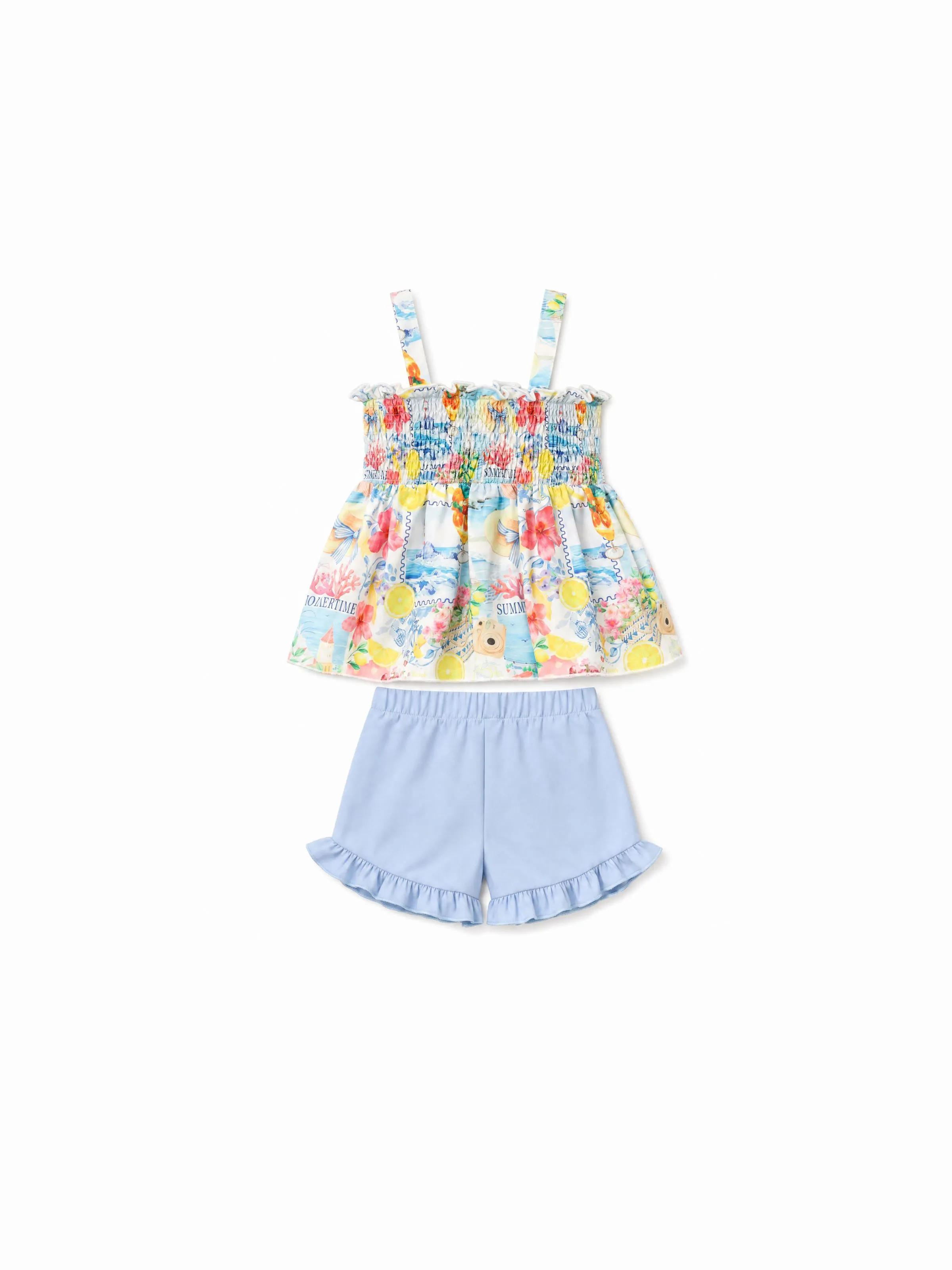 Ocean Vibes Toddler Girl Bow Ruffle Top & Shorts Set Blue - Image 6