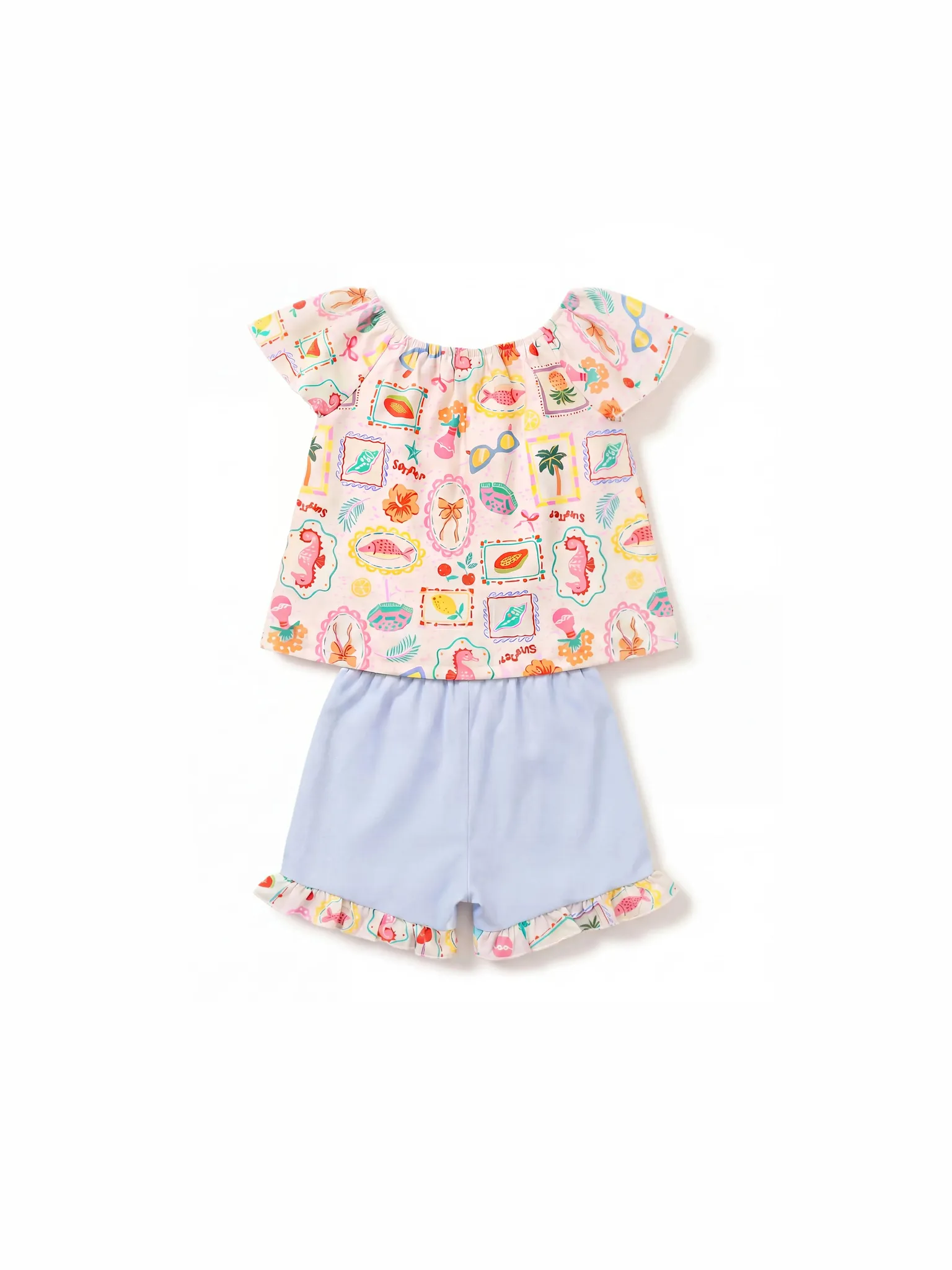 Ocean Vibes Toddler Girl Bow Ruffle Top & Shorts Set Blue - Image 3