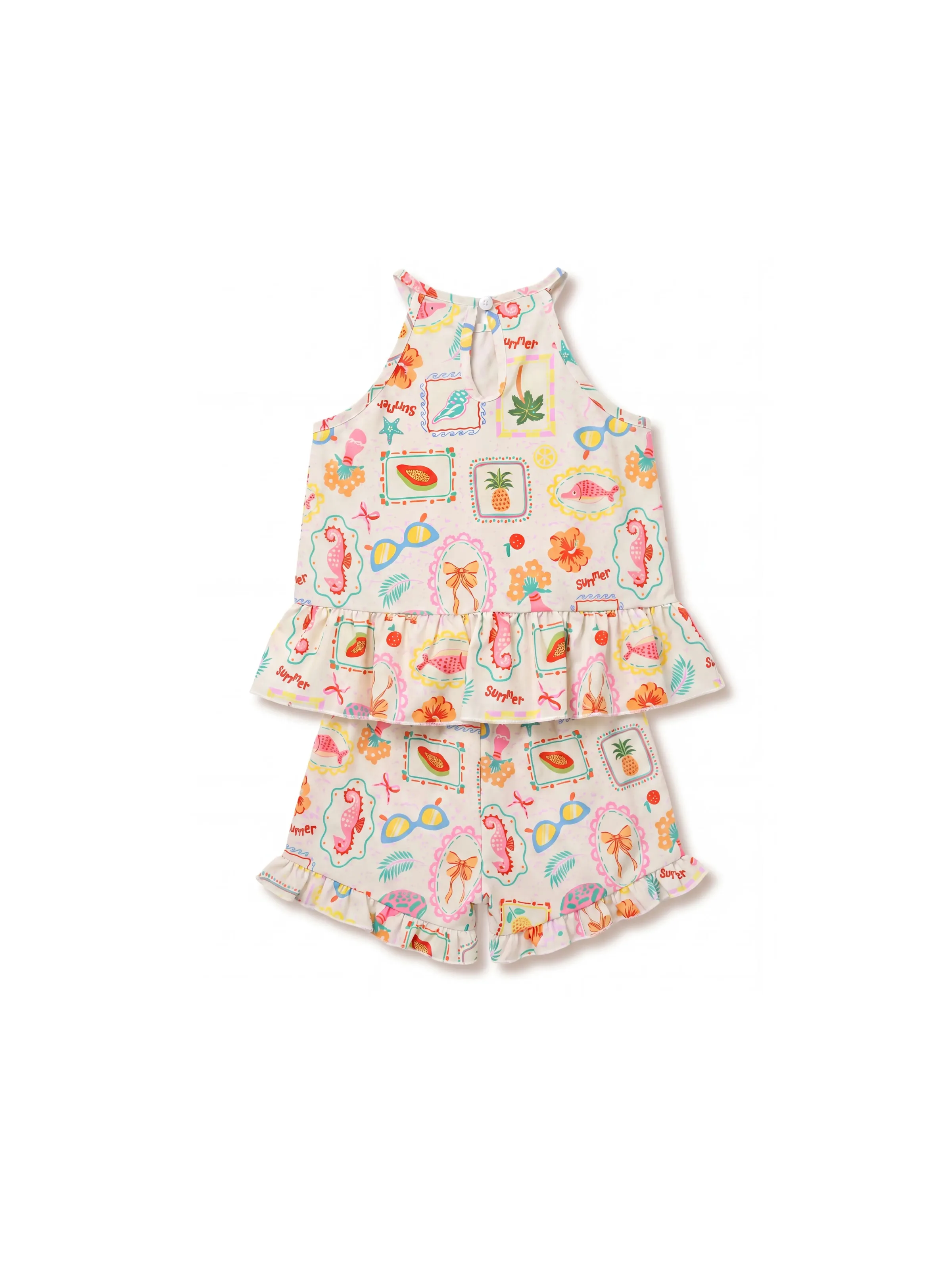Ocean Vibes Toddler Girl Tropical Ruffle Top & Shorts Set Light Pink - Image 3