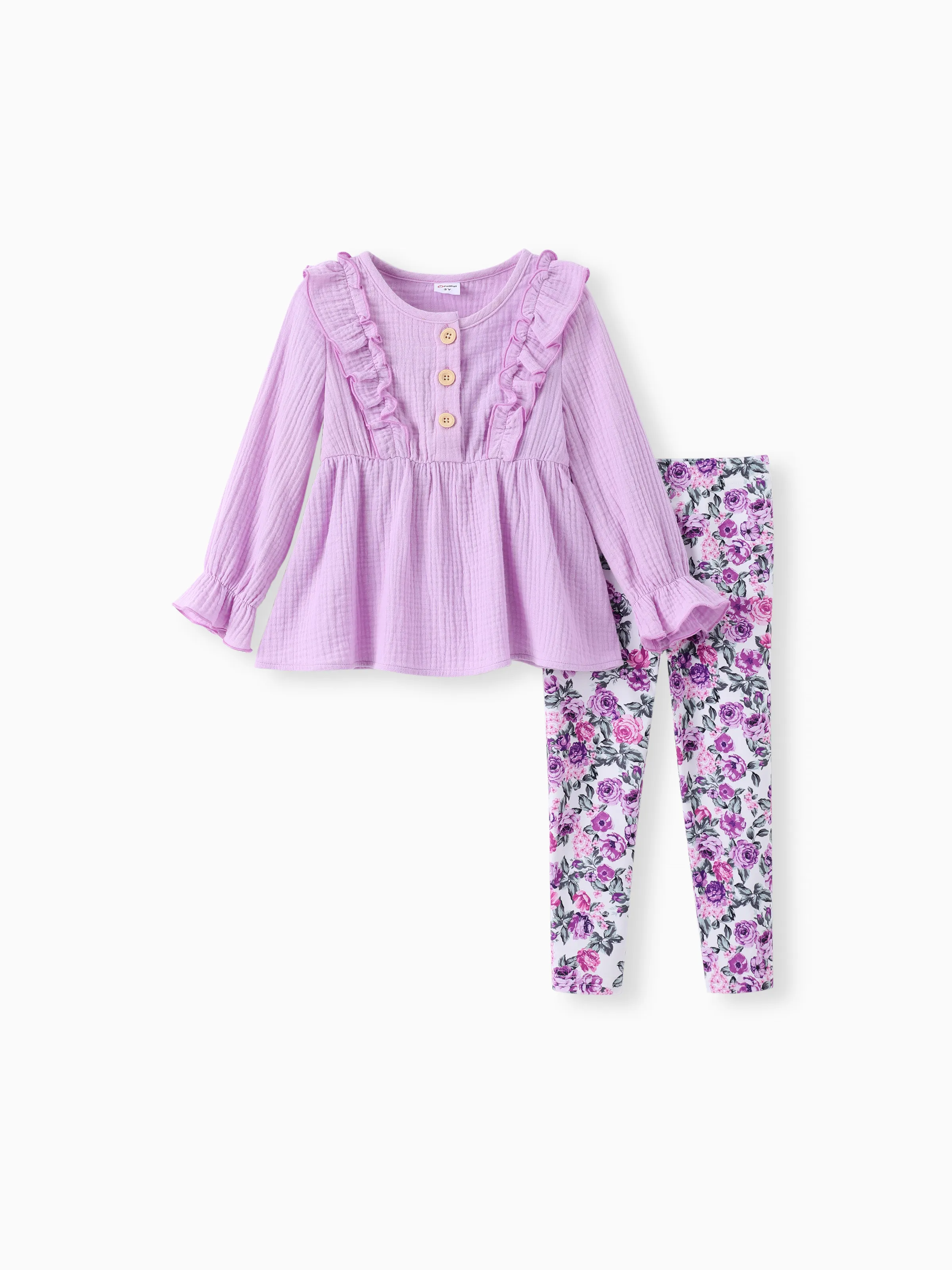 Toddler Girl 2pcs Sweet Ruffled Top and Floral Leggings Set Purple