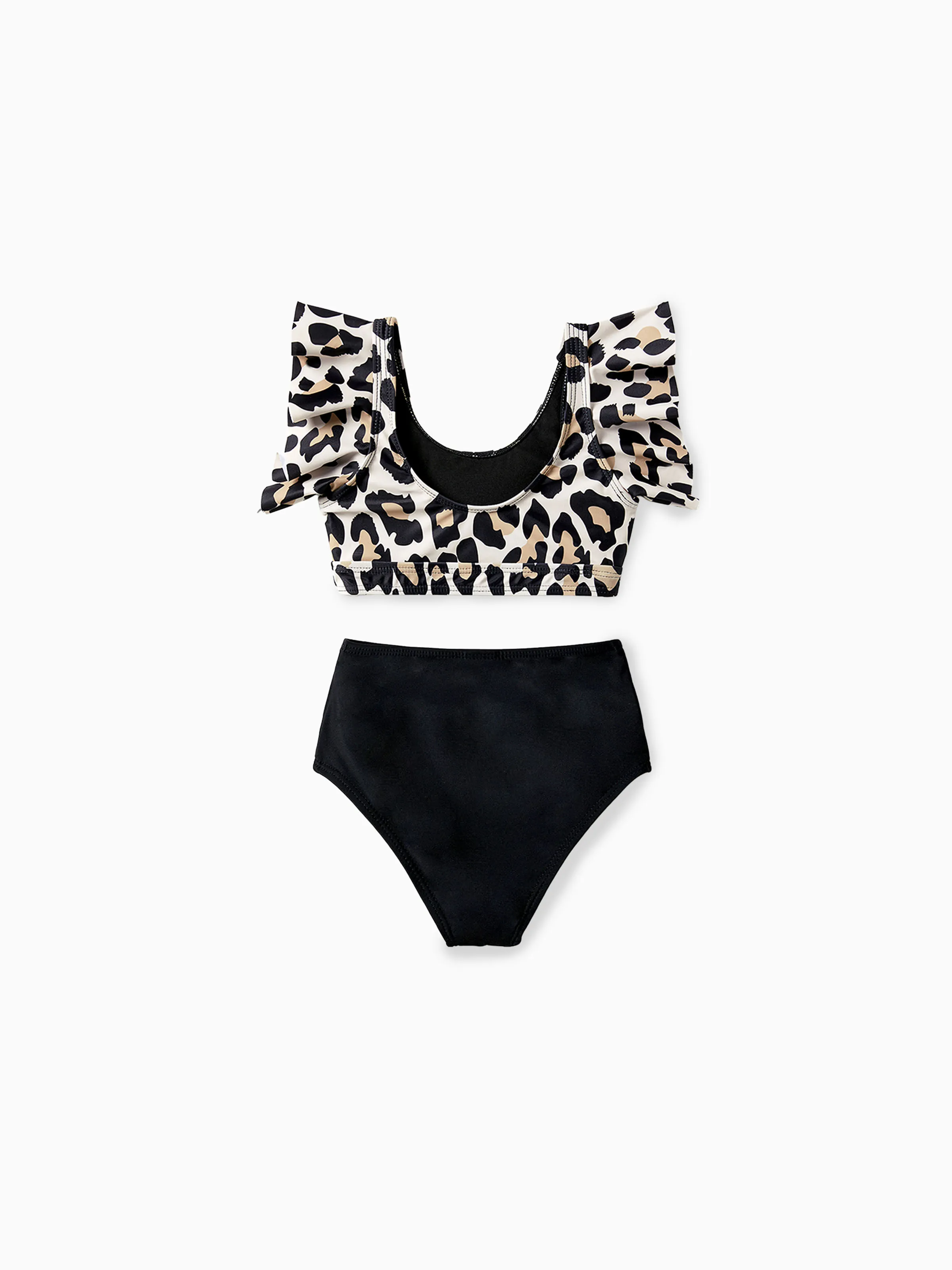 Toddler Girl Leopard Pattern Drawstring Ruffle Neck Two-Piece Bikini Skirt Black - Image 3