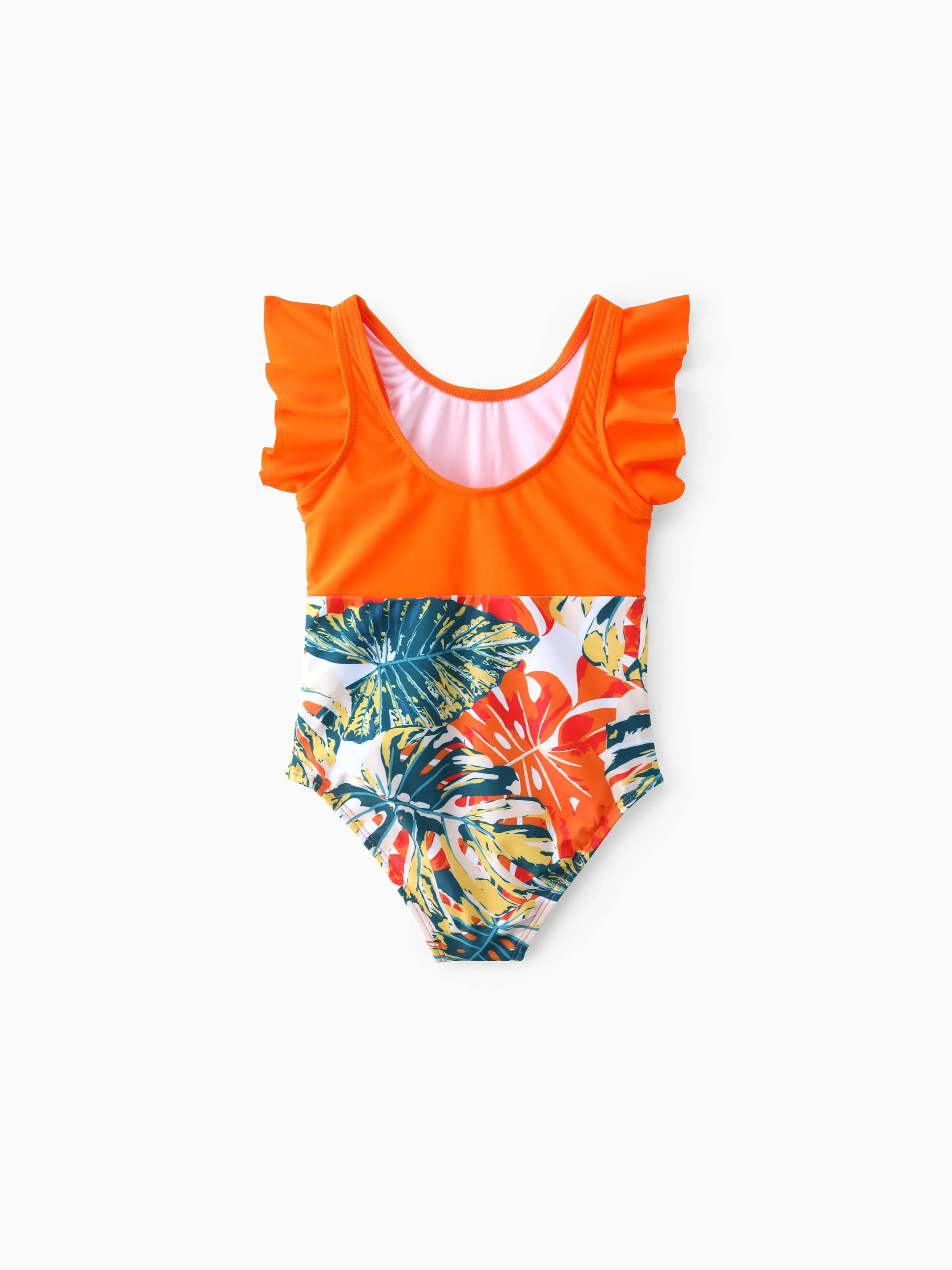 Toddler Girl Orange and All Over Tropical Plant Print Splicing Ruffle One-Piece Swimsuit Orange color - Image 3