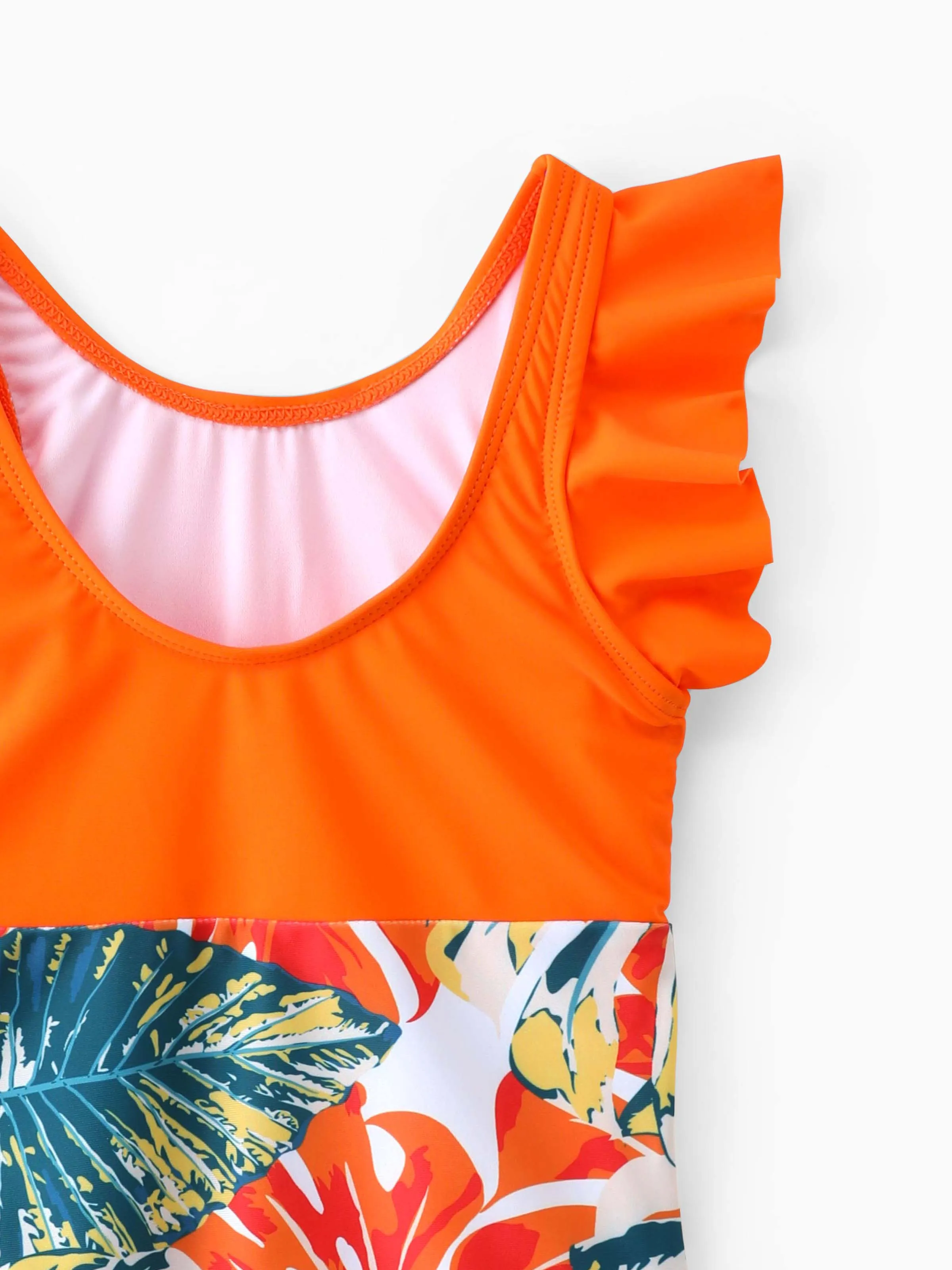 Toddler Girl Orange and All Over Tropical Plant Print Splicing Ruffle One-Piece Swimsuit Orange color - Image 4