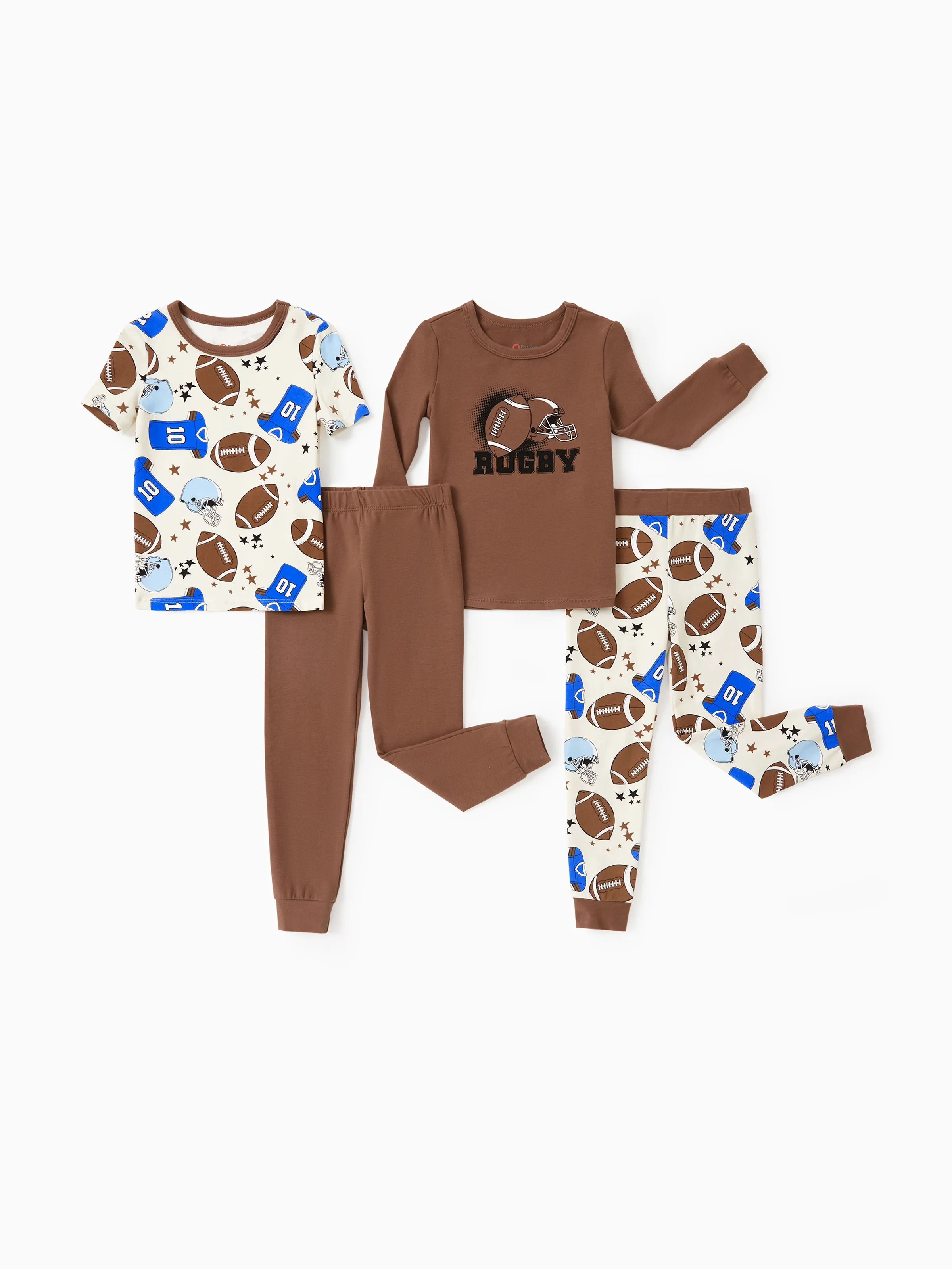 Toddler / Kids 4-piece Organic Cotton Pajamas 4-in 1 PJ Snug fit Pjs for Girls / Boys Brown