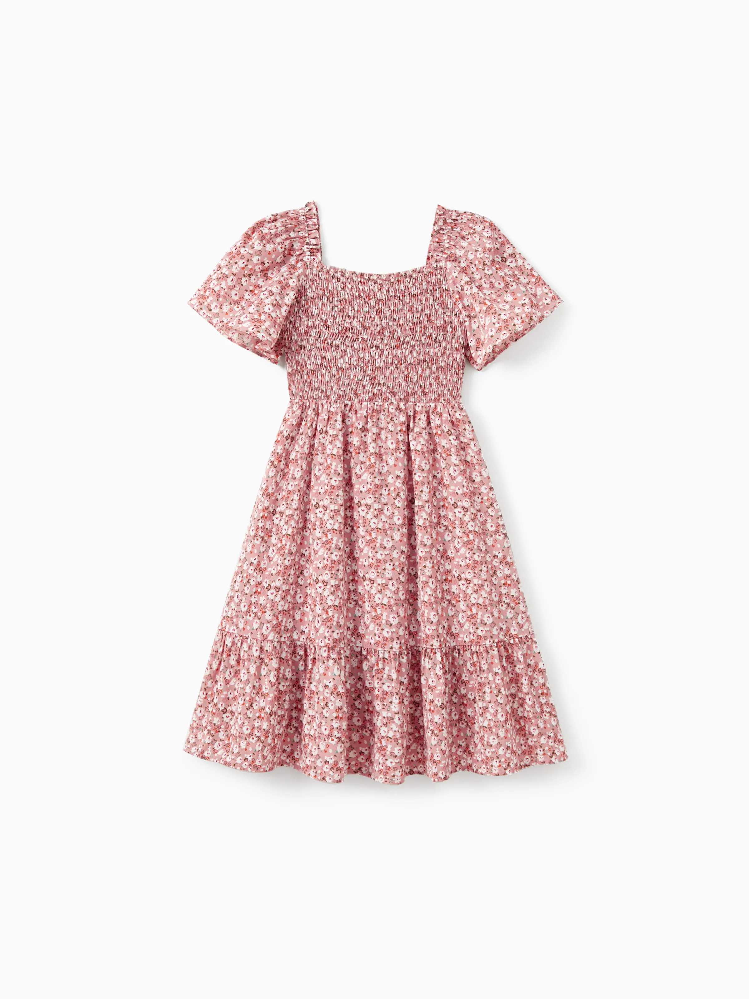 Toddler/Kid Girl Cotton Flora Print Smocking Puff-sleeve Dress Pink