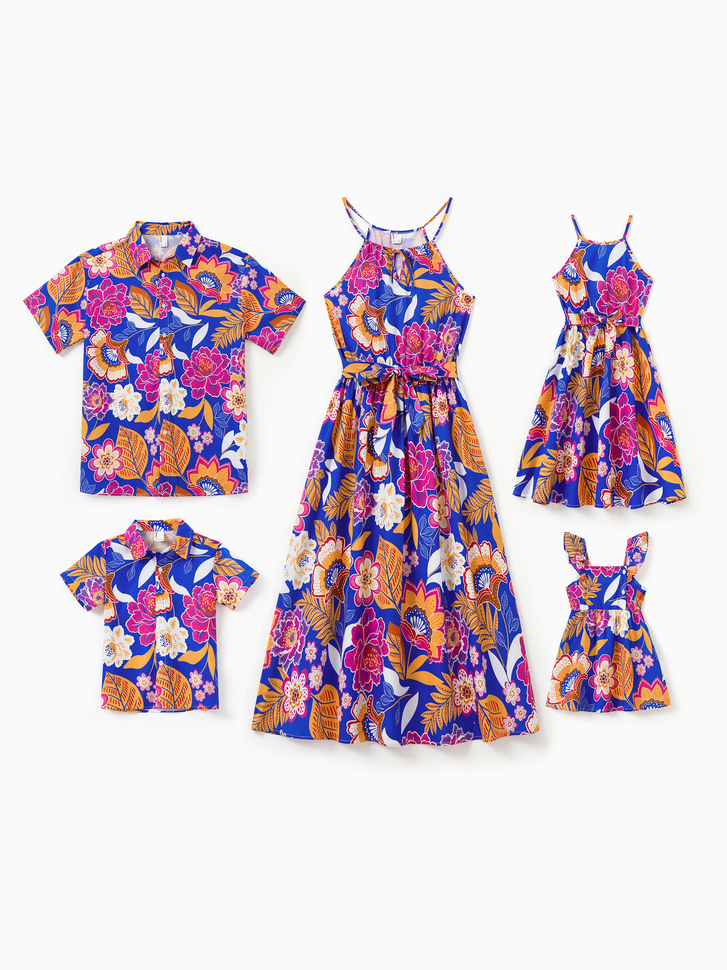 Toddler/Kid Girl Hawaiian Outfits Tropical Floral Print Vacation Clothes Strap Belted Dress Summer Beachwear Set Navy - Image 2