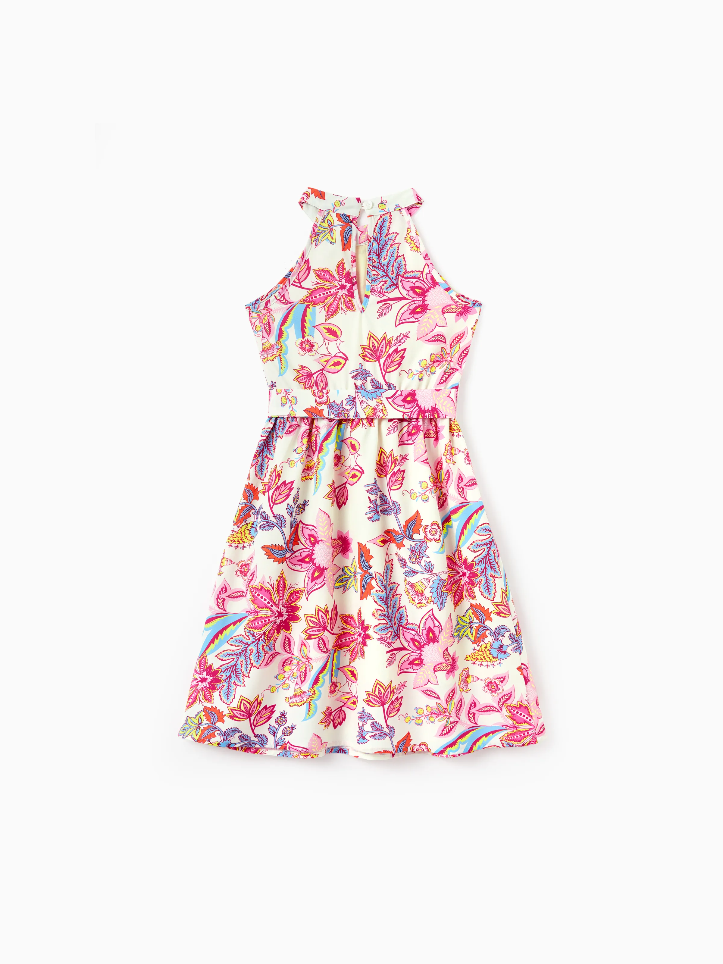 Toddler/Kid Girl Tropical Flora Print Halter Belted Dress for Summer Vacation Beige - Image 3