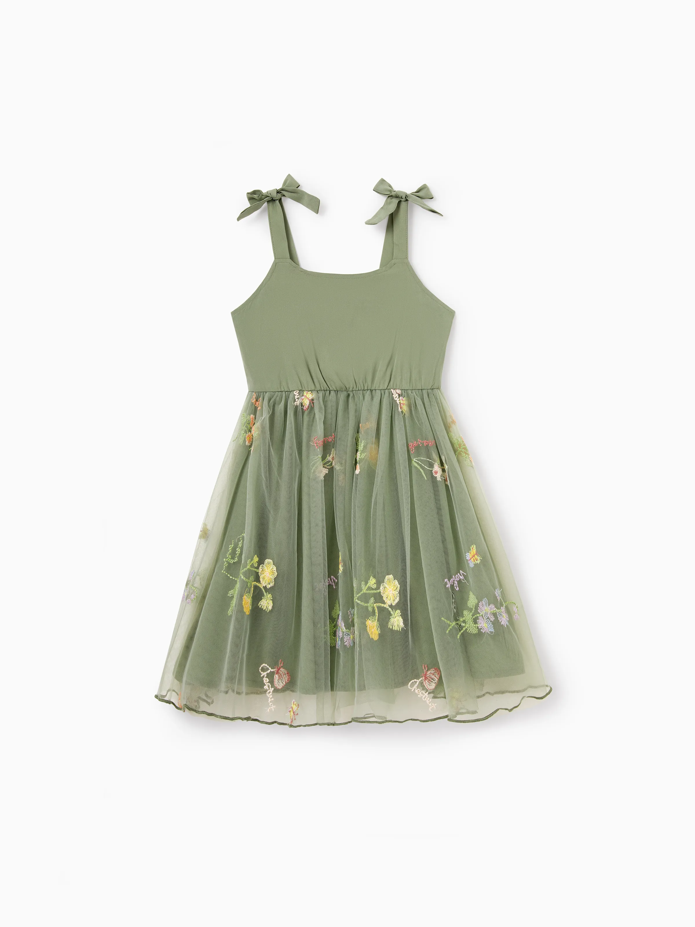 Toddler/Kid Girl Flower Embroidered V-neck Strappy Mesh Dress Green - Image 2