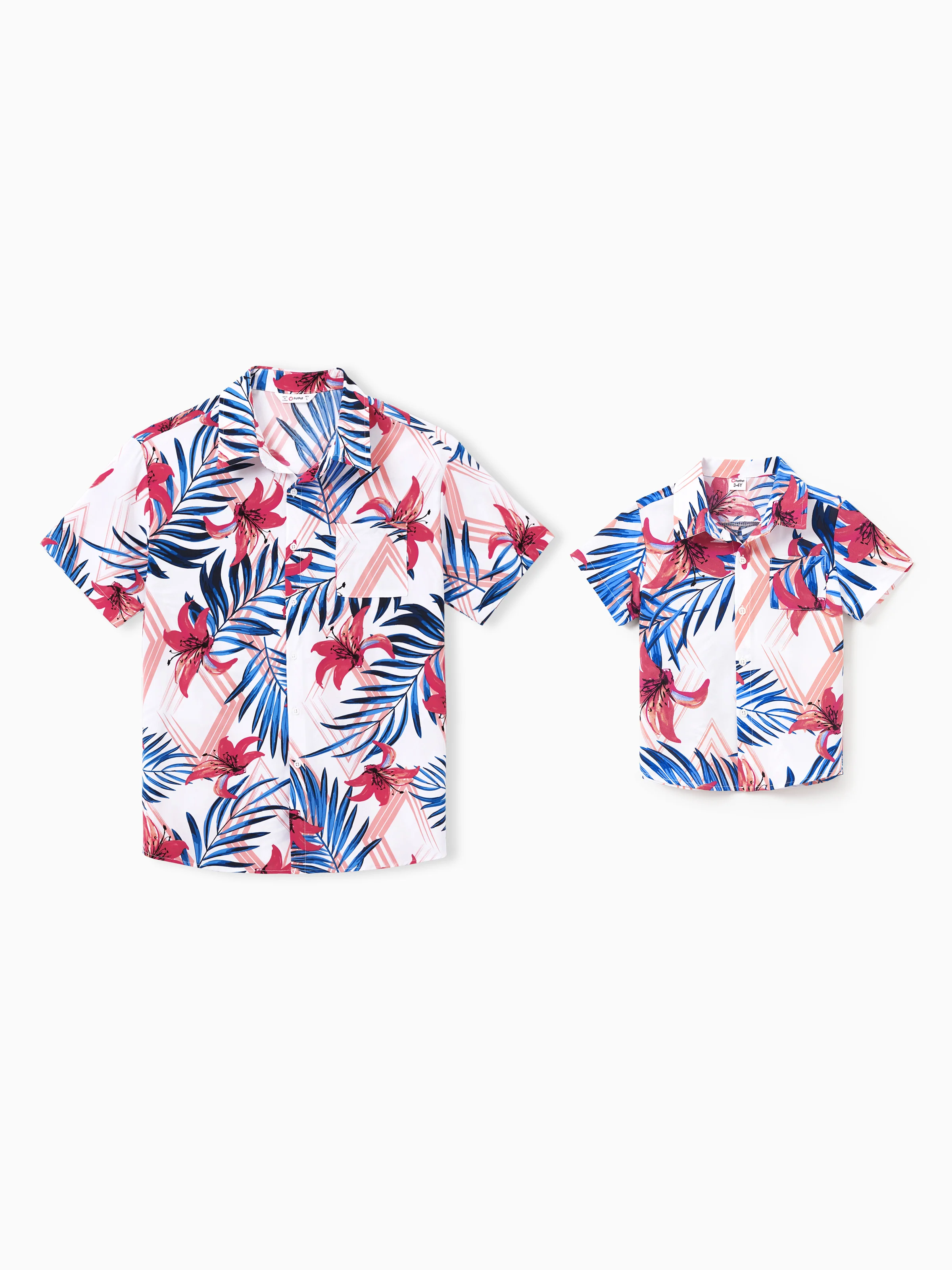 Daddy & Son Tropical Floral Outfits Pink Blue Leaf Print Short-sleeve Shirt Set for Vacation, Cruise, Beach White